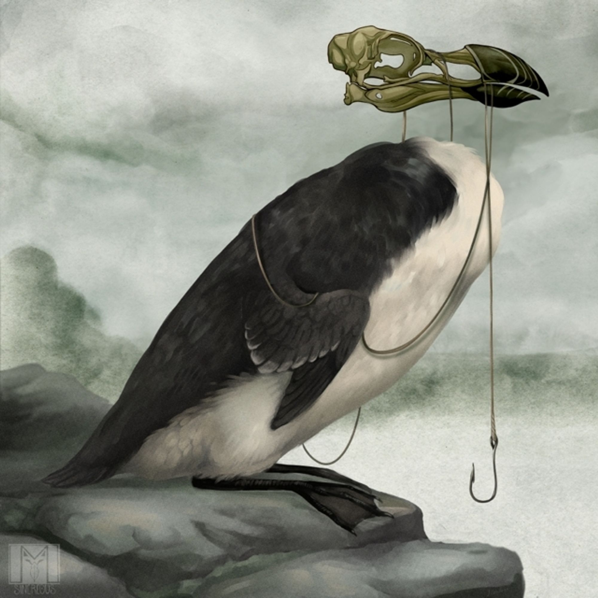 A digital painting of a great auk based on a taxidermied specimen. Her head has been replaced with a floating auk skull , and the skull has been wrapped around with fishing line - a hook dangles towards the water. The background is of foggy islands and an empty coastline. 

 Piece was inspired by the story of the Witch of St Kilda, which illustrates the extinction of the species, the last one of this island dying suspected of witchcraft. 