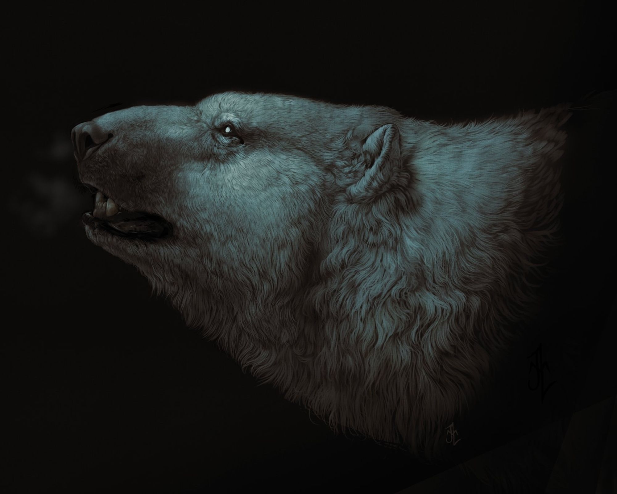 Bust painting of a polar bear at night, in profile. It is looking to the left with its mouth slightly open , where its breath escapes as steam. 