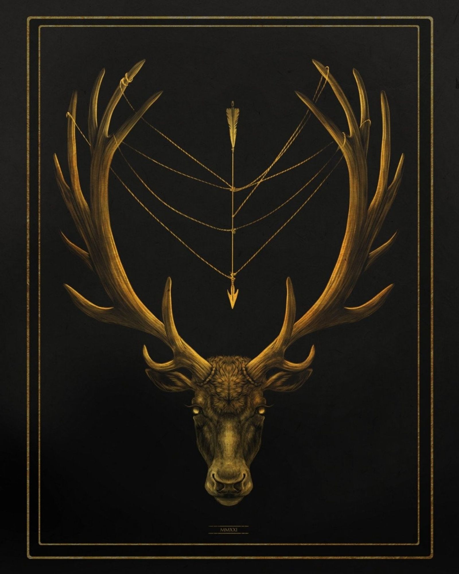 A digital illustration of a golden stags head against a black background. Around his antlers are entwined tiny threads that have tangled up a hunters arrow, keeping it from it's goal.