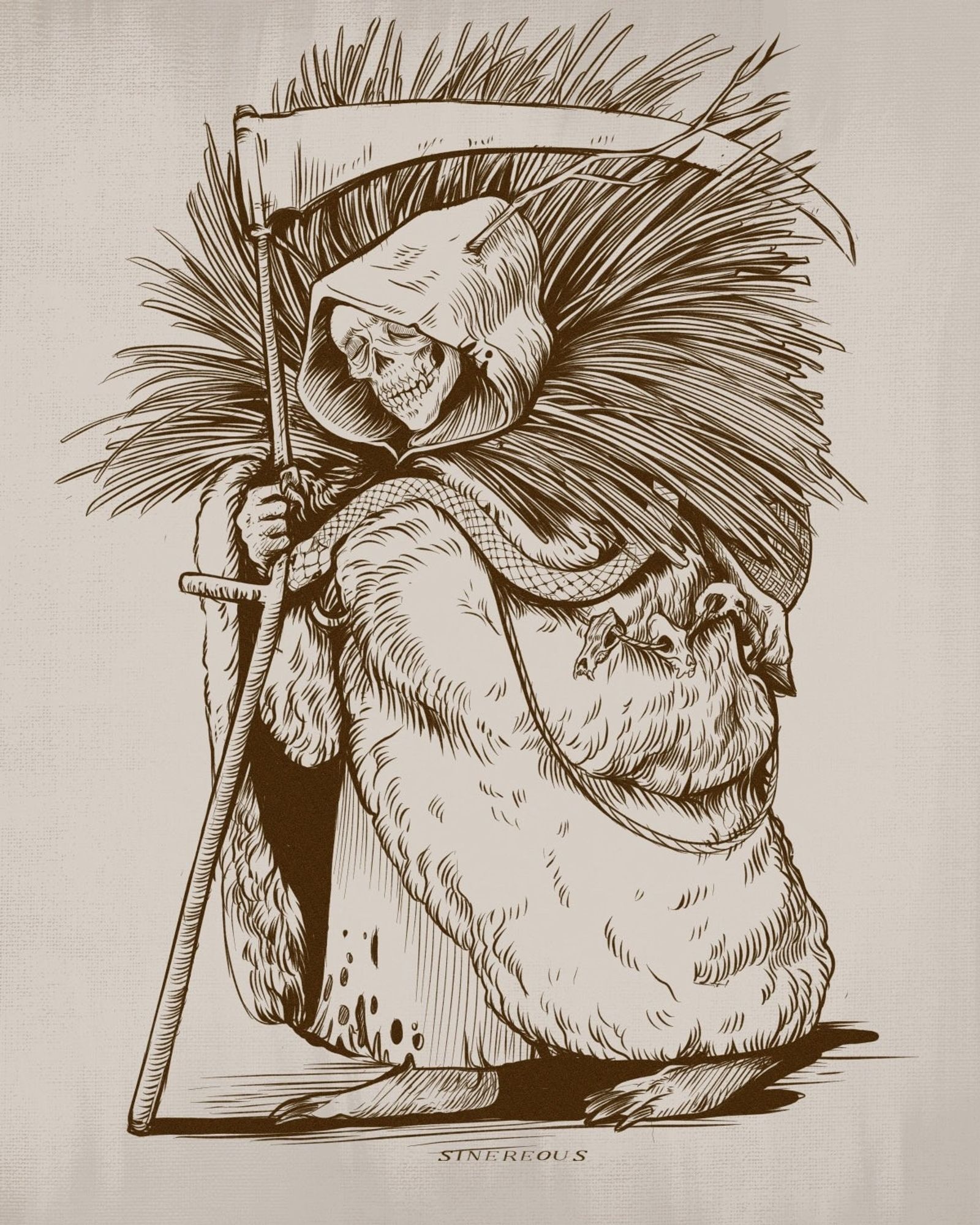 A drawing in brown "ink"  of a large bodied, bear-footed, wooden -skinned crone/witch walking along using a scythe as a walking stick and conversing with the snake wrapped up in their fur robes.