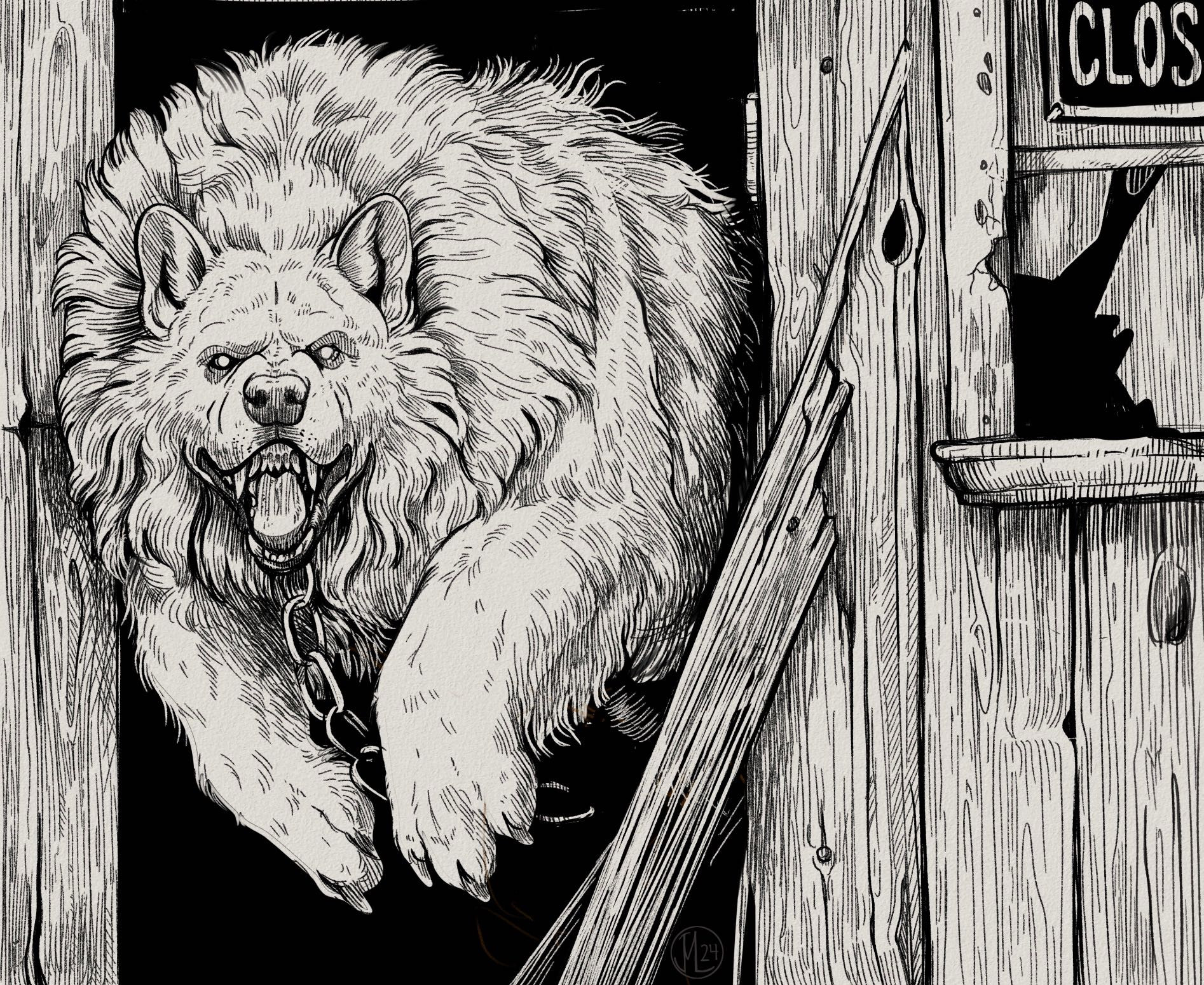 An ink drawing of a large exceptionally fluffy white canid like monster leaping through a decayed hole in the  side of an old wooden building. It has three toes and a broken chain around its neck. The window to the right has a “closed” sign in the part that isn’t broken.