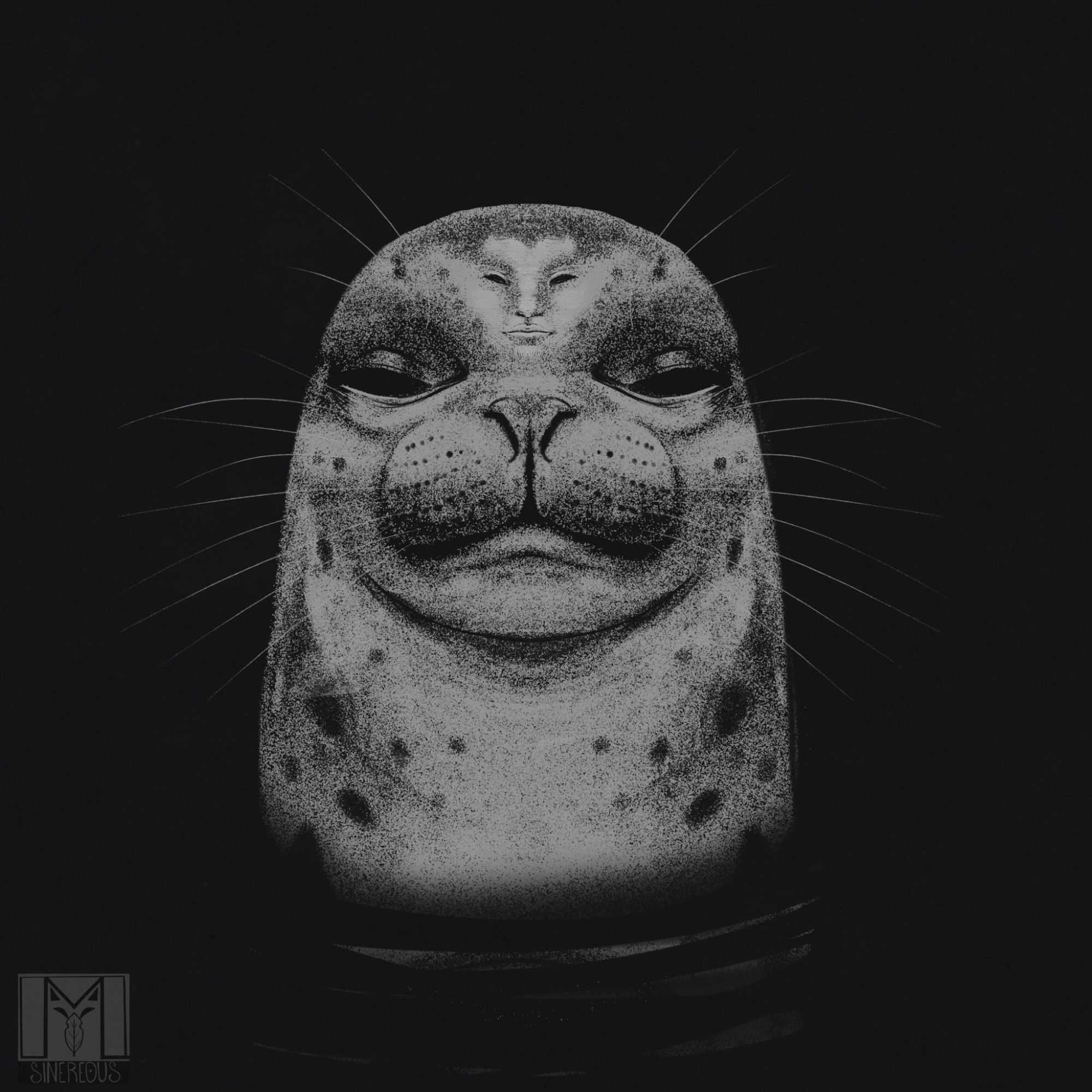 A black and white digital sketch of a seals head poking out of the water (which is represented by the black of the background).  The seal has a very human-like expression and also a human-like face (or is it markings?) on the top of its head. 