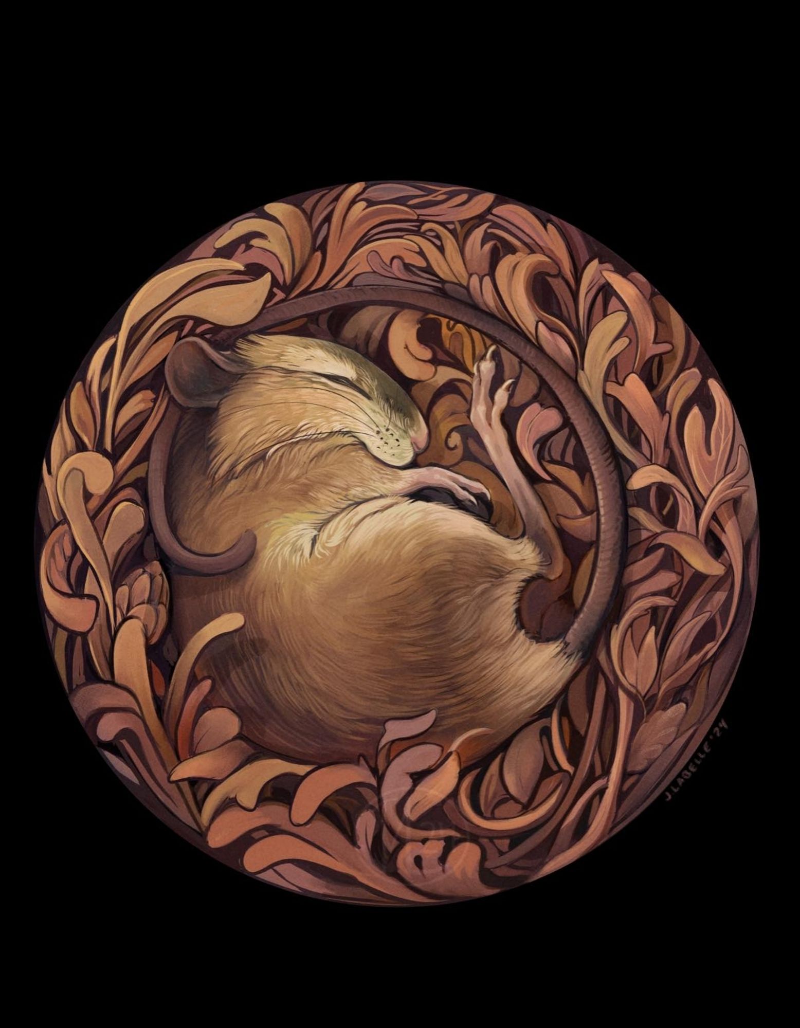 A painting of a woodland jumping mouse curled up in a bed of dry plants drawn like filigree.