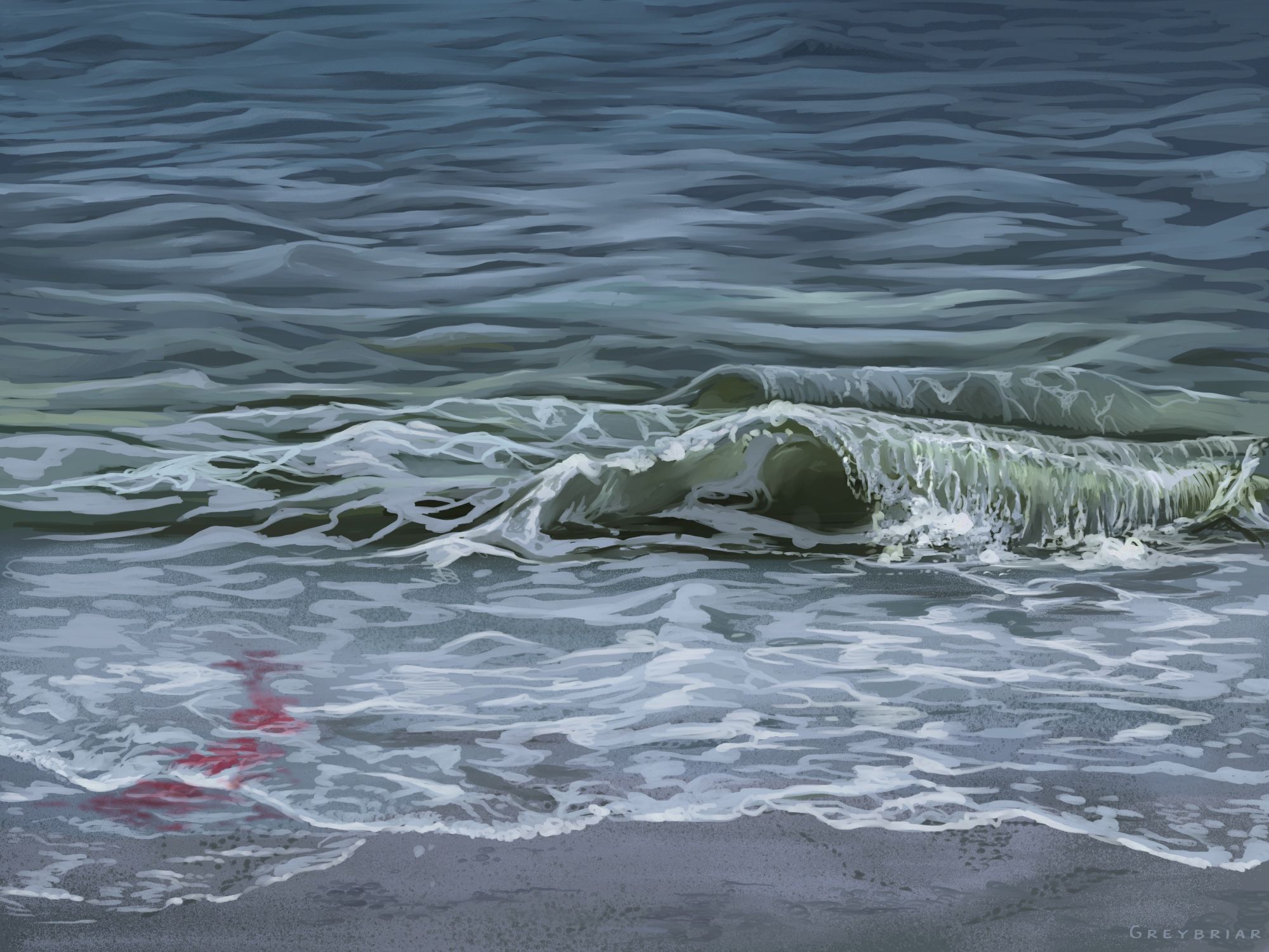 A digitally painted wave and water study turned subtle #horror by adding a fading bloodstain on the beach.