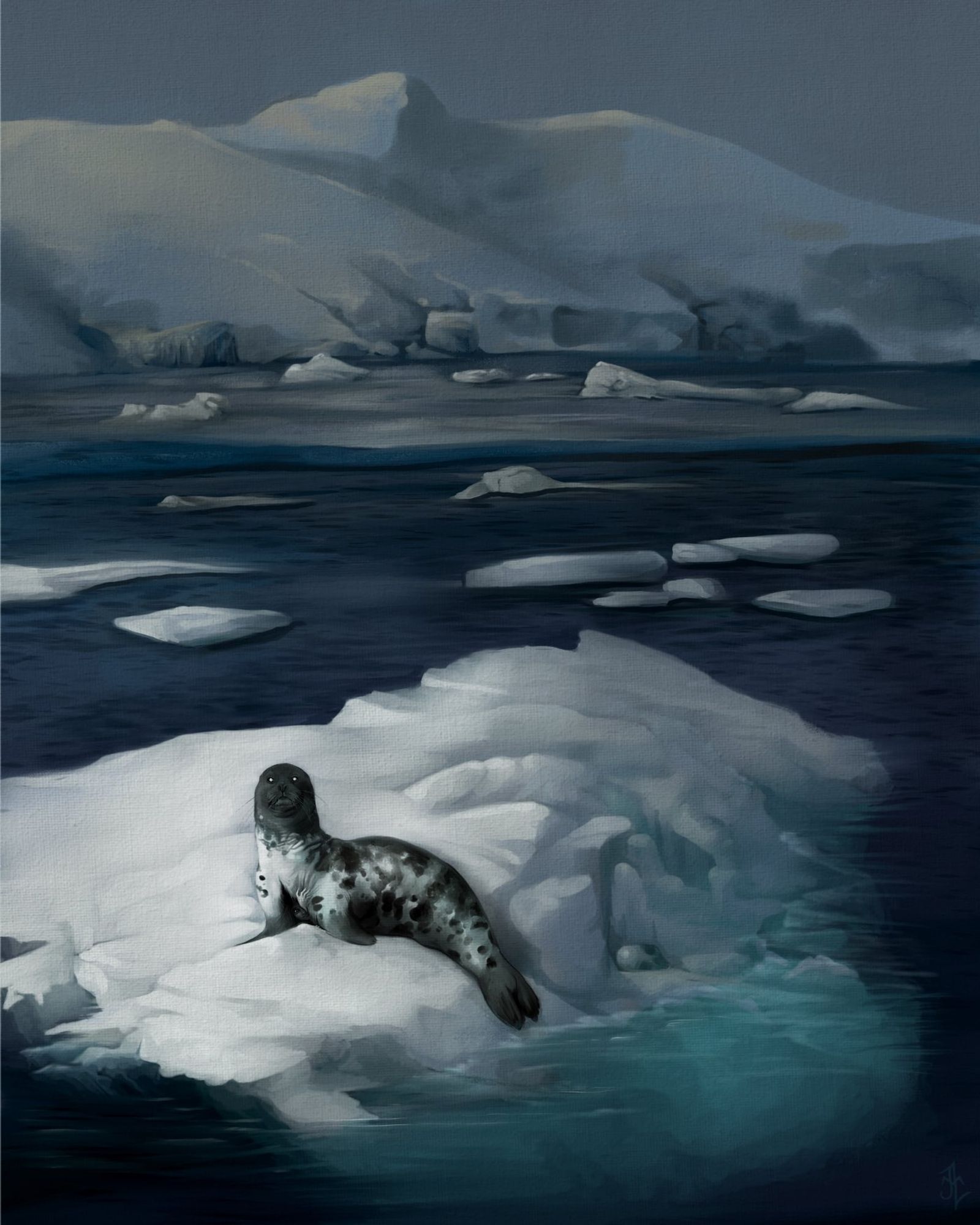 A digital painting study of a glacier breaking up into the sea. A friendly seal rests on the piece of ice closest to the viewer Or at least I think that's a seal... there's something odd about its countenance. And it's chest is... oh my god is that a /face/ peeking out of its chest cavity?! What kind of expedition IS this?