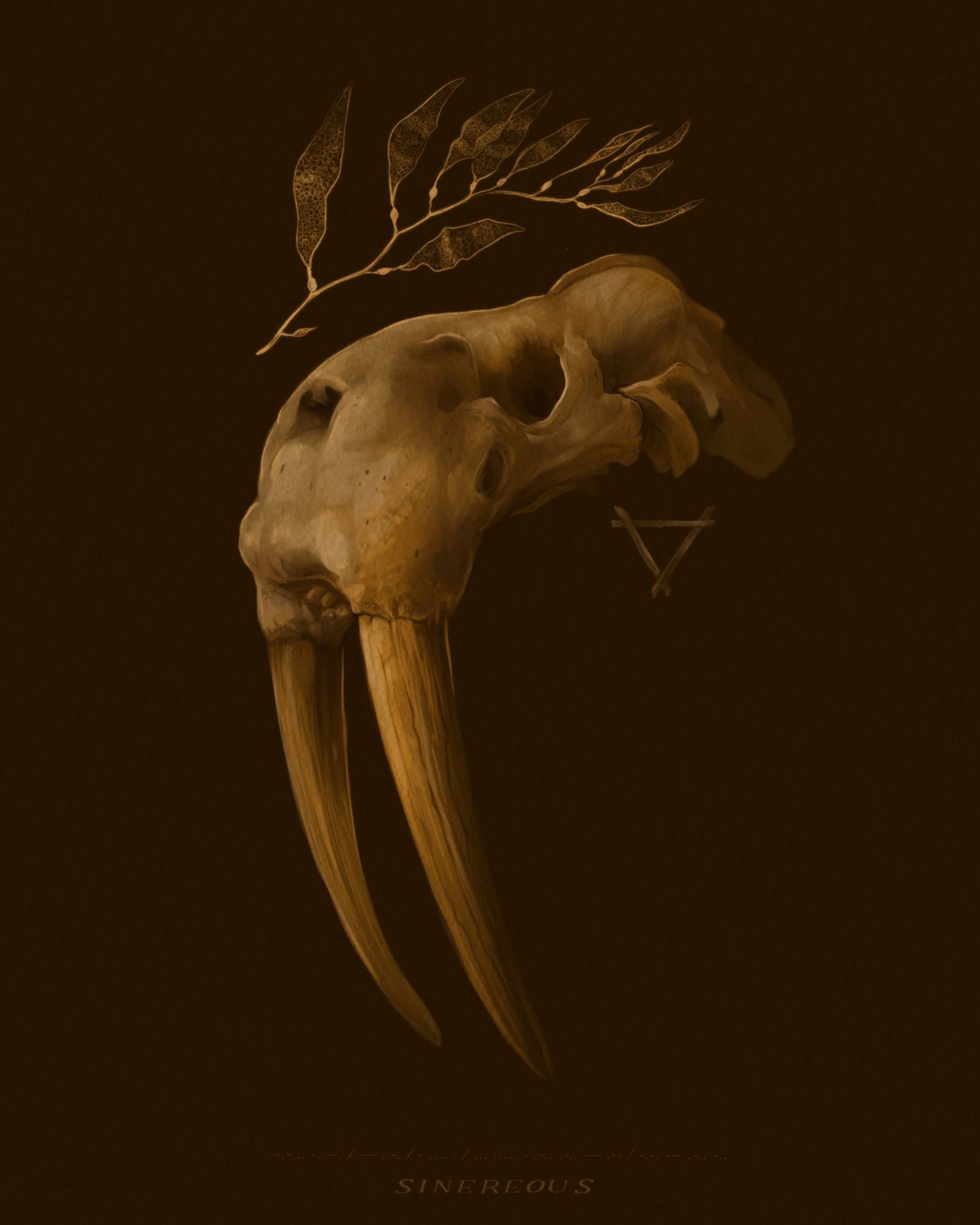 A walrus skull drawing done in gold on brown with a crown of kelp and the alchemical symbol for water. 