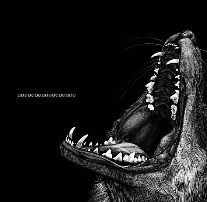 A scratchboard type illustration of a fox muzzle wide open. Next to it is text where "aaaaaaaaaaaaaaa" is written, because mood.