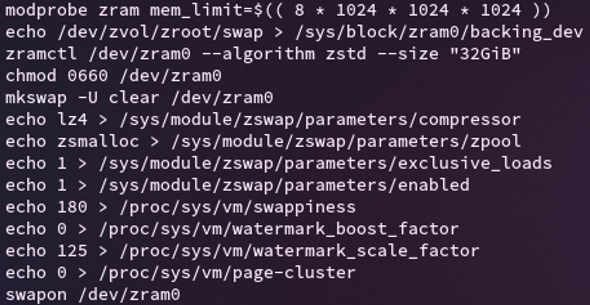 Screenshot of a shell script run at boot time to layer multiple RAM compressions on top of each other.