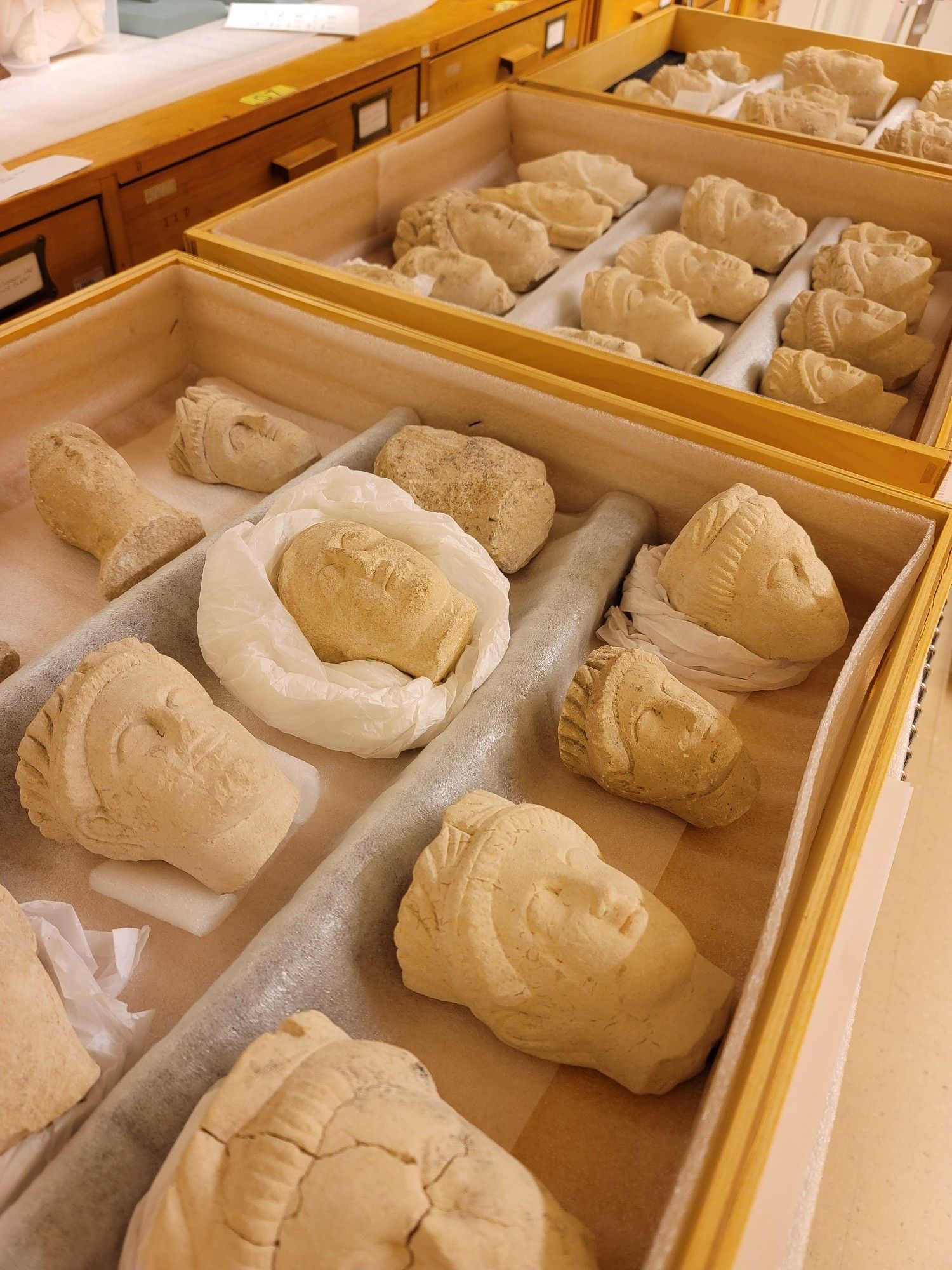 3 drawers of beige-buff coloured limestone heads arranged on a metro cart shelf. Each drawer holds about 12 heads the rough size of a baseball. Each head is hand carved and unique. Many of the heads wear