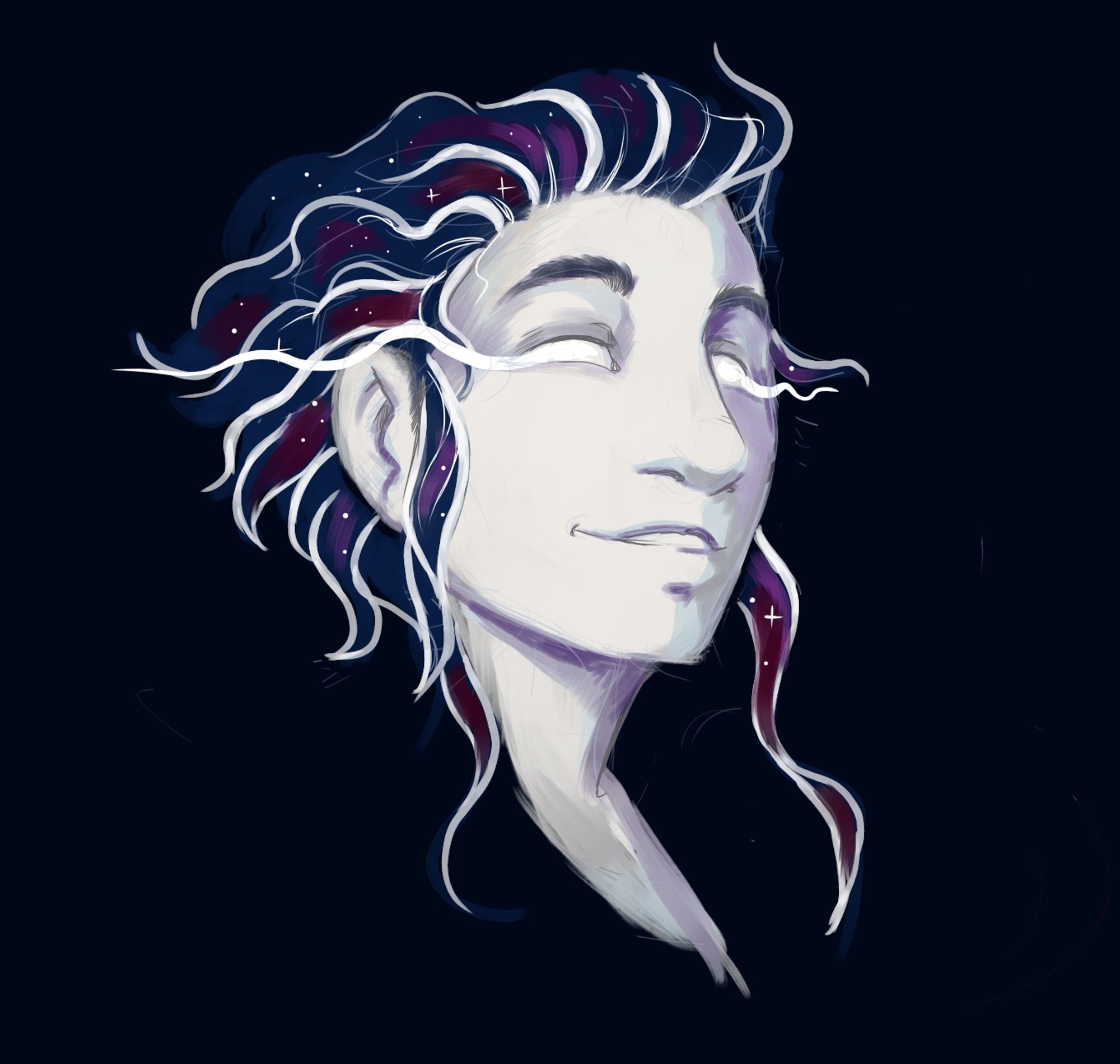 A bust painting of a man with pale white-gray skin like marble, a soft smile and blank white eyes that trail glow. His hair is deep galaxy blue, black, pink and purple with stars and white streaks. Part of his neck and chest shows but the rest fades into the nearly black background.