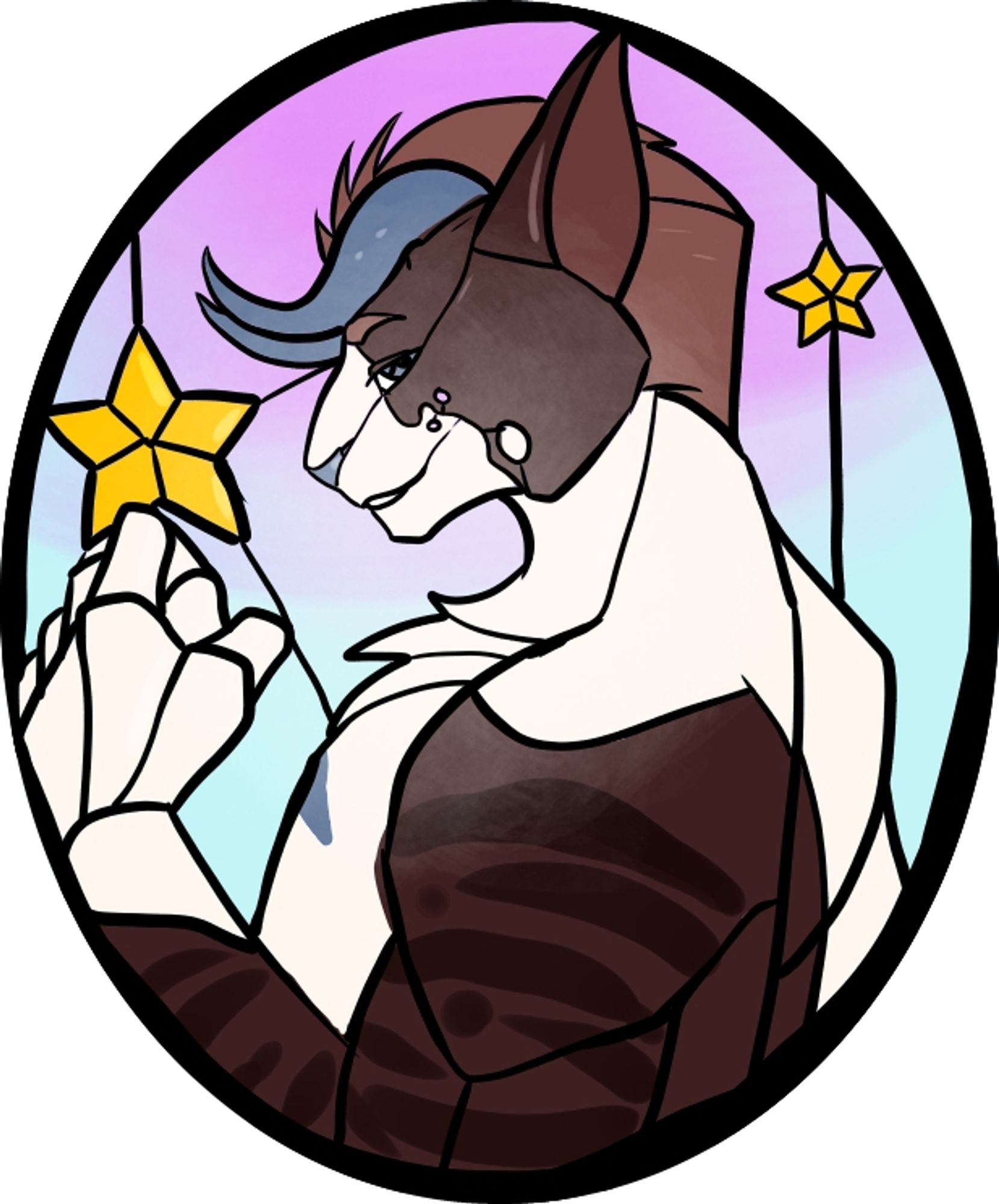 A cat like creature with forward arching bull horns in slate blue gray. The anthro like cat is patchwork chocolate browns and white with a hint of slate blue marking on the chest. The scene is an oval glass pane with a blue/pink background and two stars in the same attempt at stained glass.