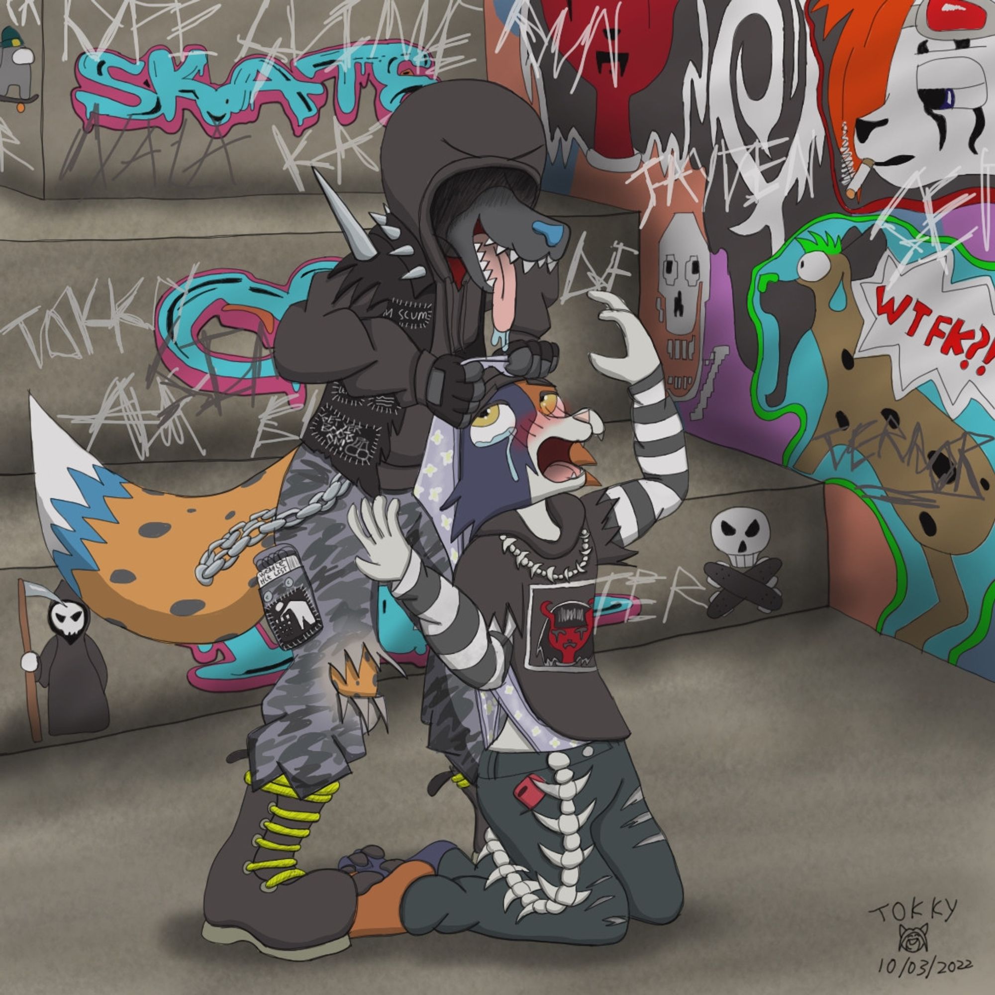 Meow skulls being given an atomic wedgie by a hooded punk furry