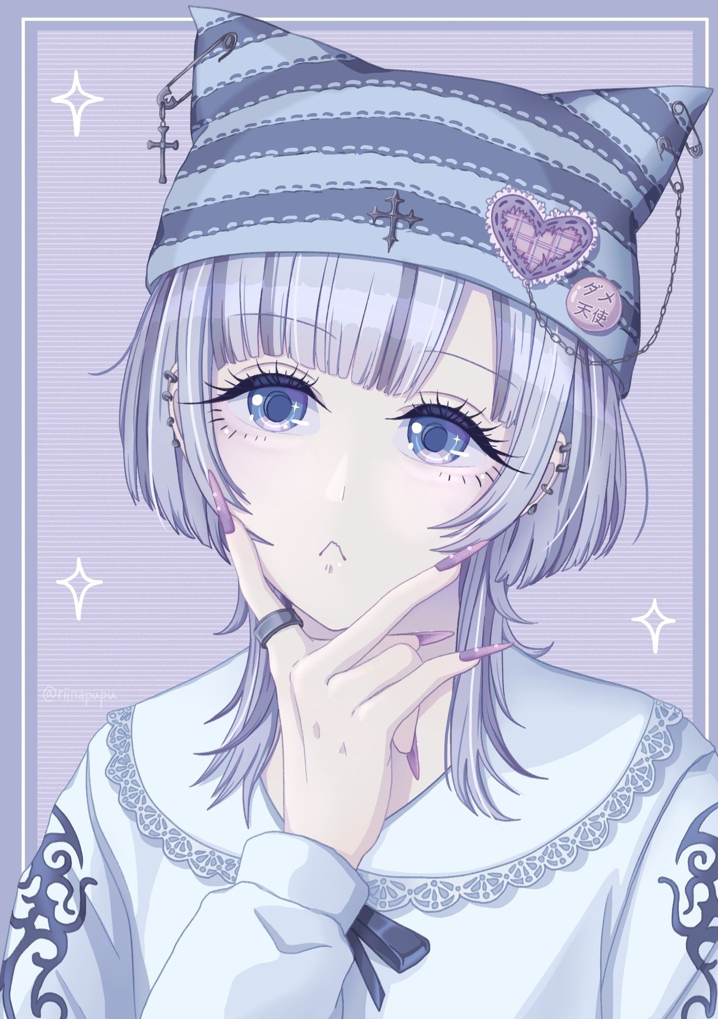 A girl wearing a knit beanie (with accesories like safetypins) and lace collared shirt. She is thinking about something, resting her head on her fingers.