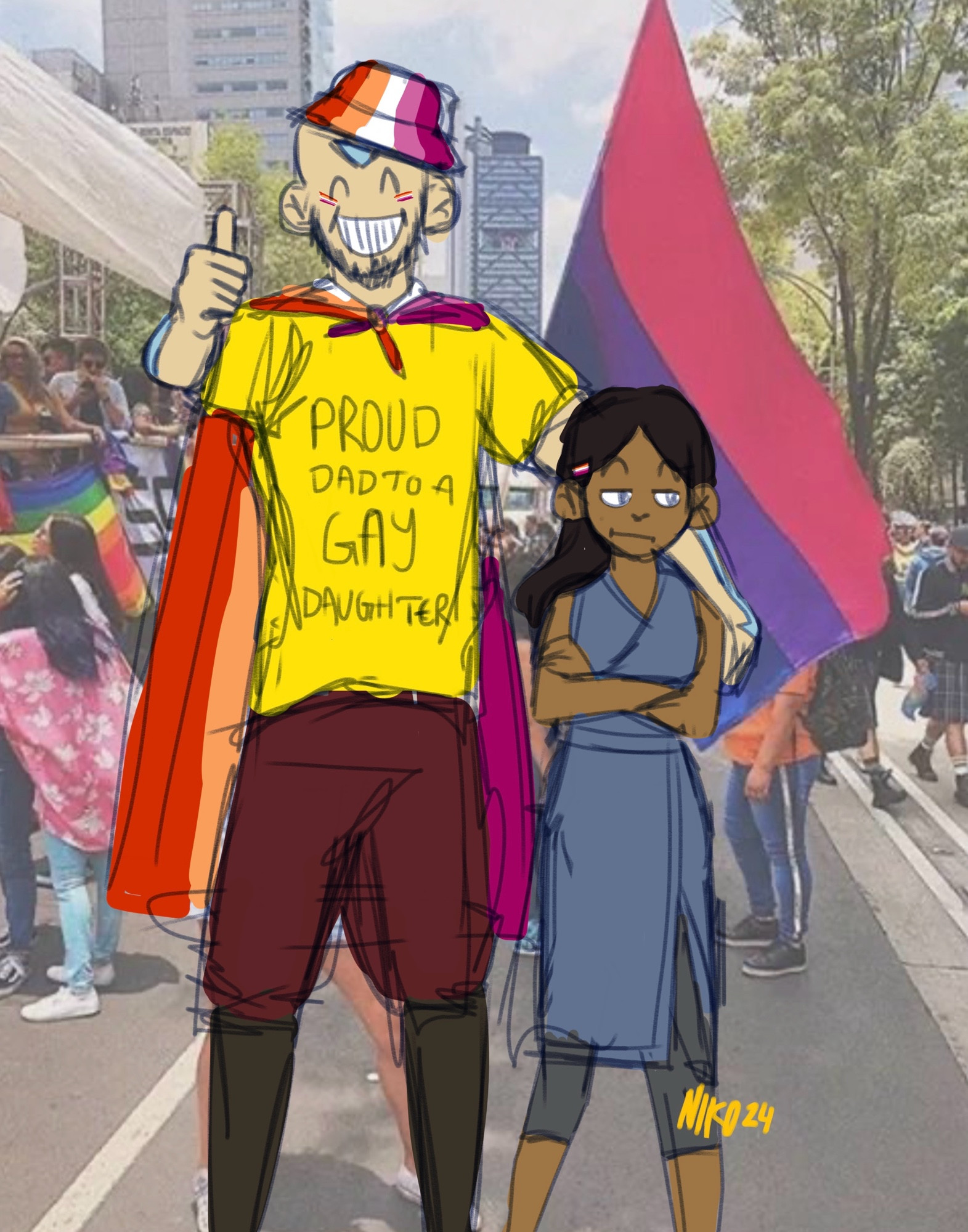 aang and kya at a pride parade, kya looks disinterested. aang is decked out with a lesbian flag as a cape, as well as a bucket hat. he is also wearing a shirt that says “PROUD DAD TO A GAY DAUGHTER” 