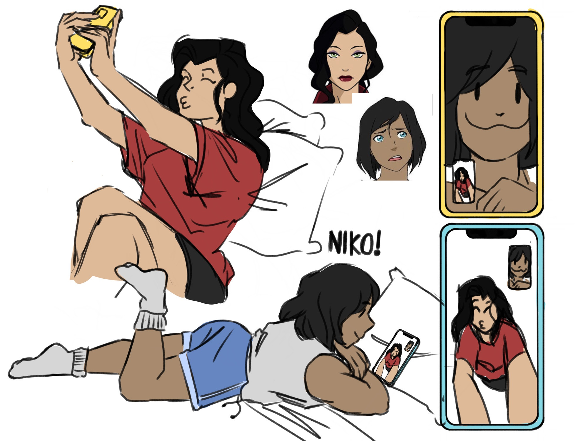 asami and korra on facetime in separate locations. asami is sitting up making a kissy face while holding her phone at an above angle. korra is laying stomach down in bed with her phone propped on a pillow