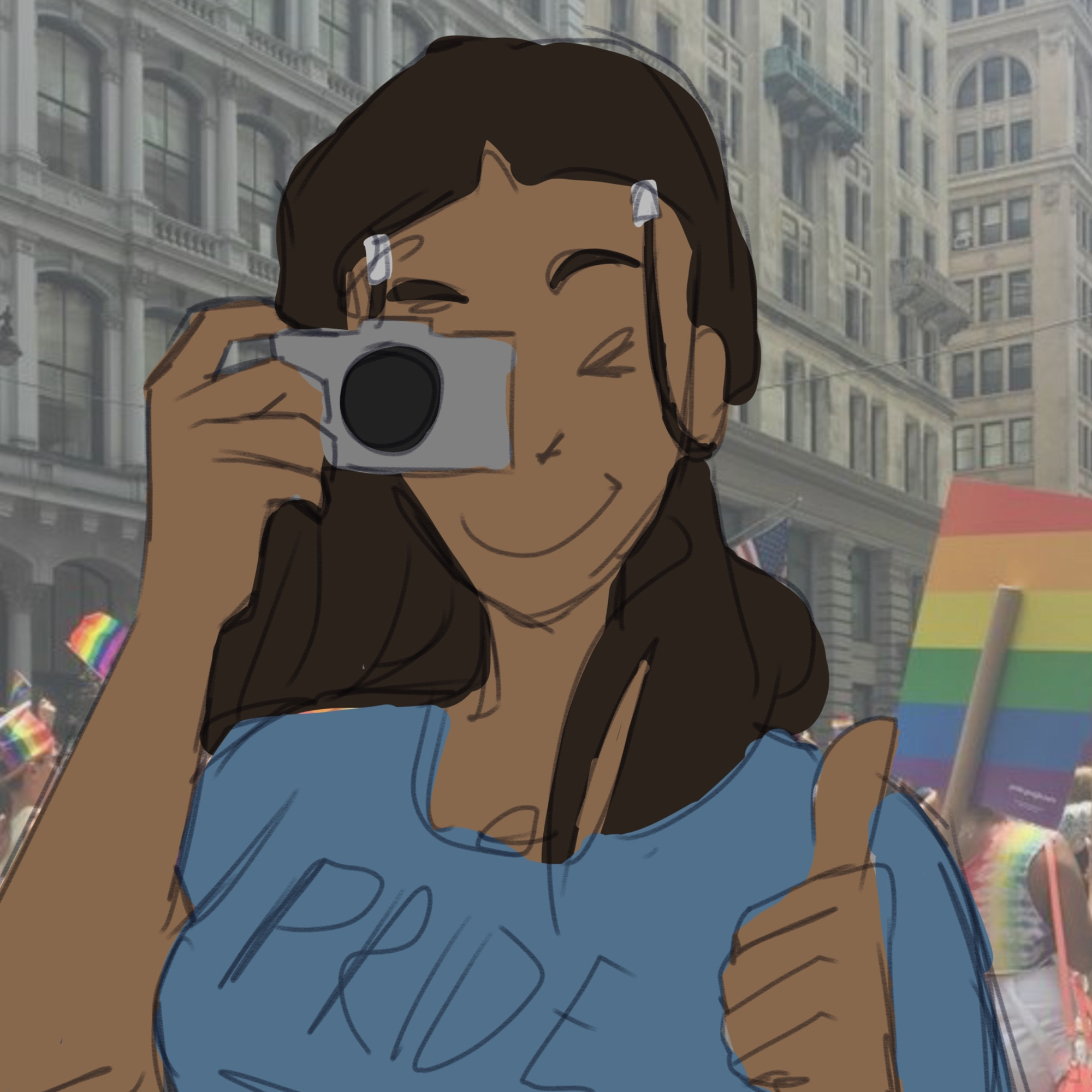 katara holding a camera and doing a thumbs up