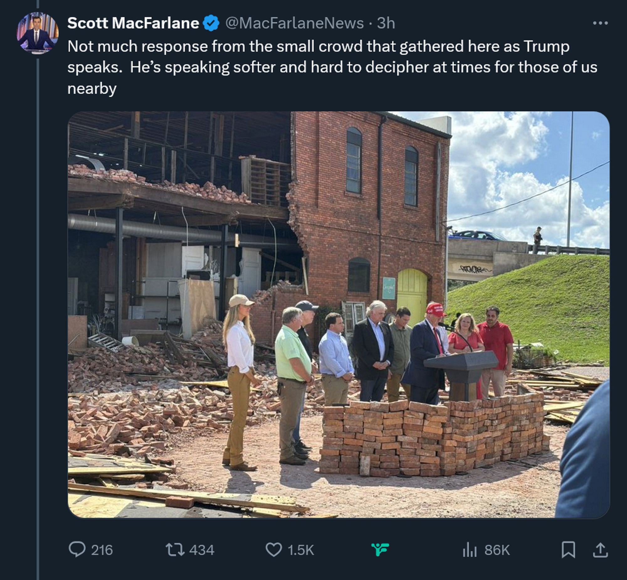 Scott MacFarlane
@MacFarlaneNews
Not much response from the small crowd that gathered here as Trump speaks.  He’s speaking softer and hard to decipher at times for those of us nearby
2:06 PM · Sep 30, 2024
·
86.3K
 Views