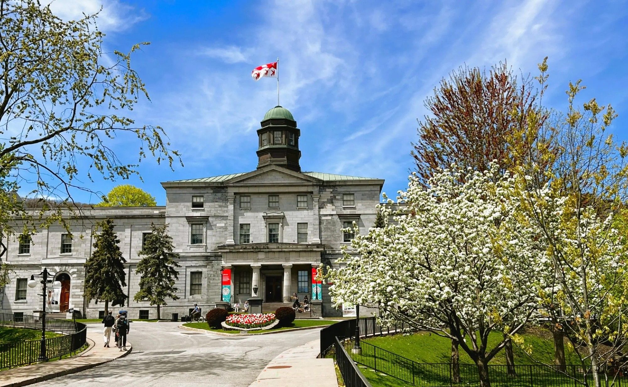 Photo of the Arts Building on McGill campus with blooming trees and the McGill flag flying against a clear blue sky.