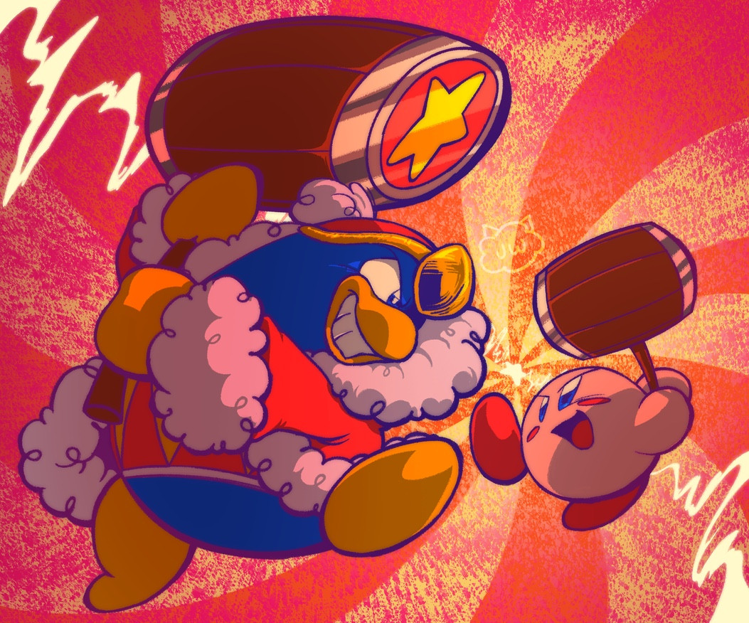 King Dedede and Kirby sparing with hammers in a friendly manner.