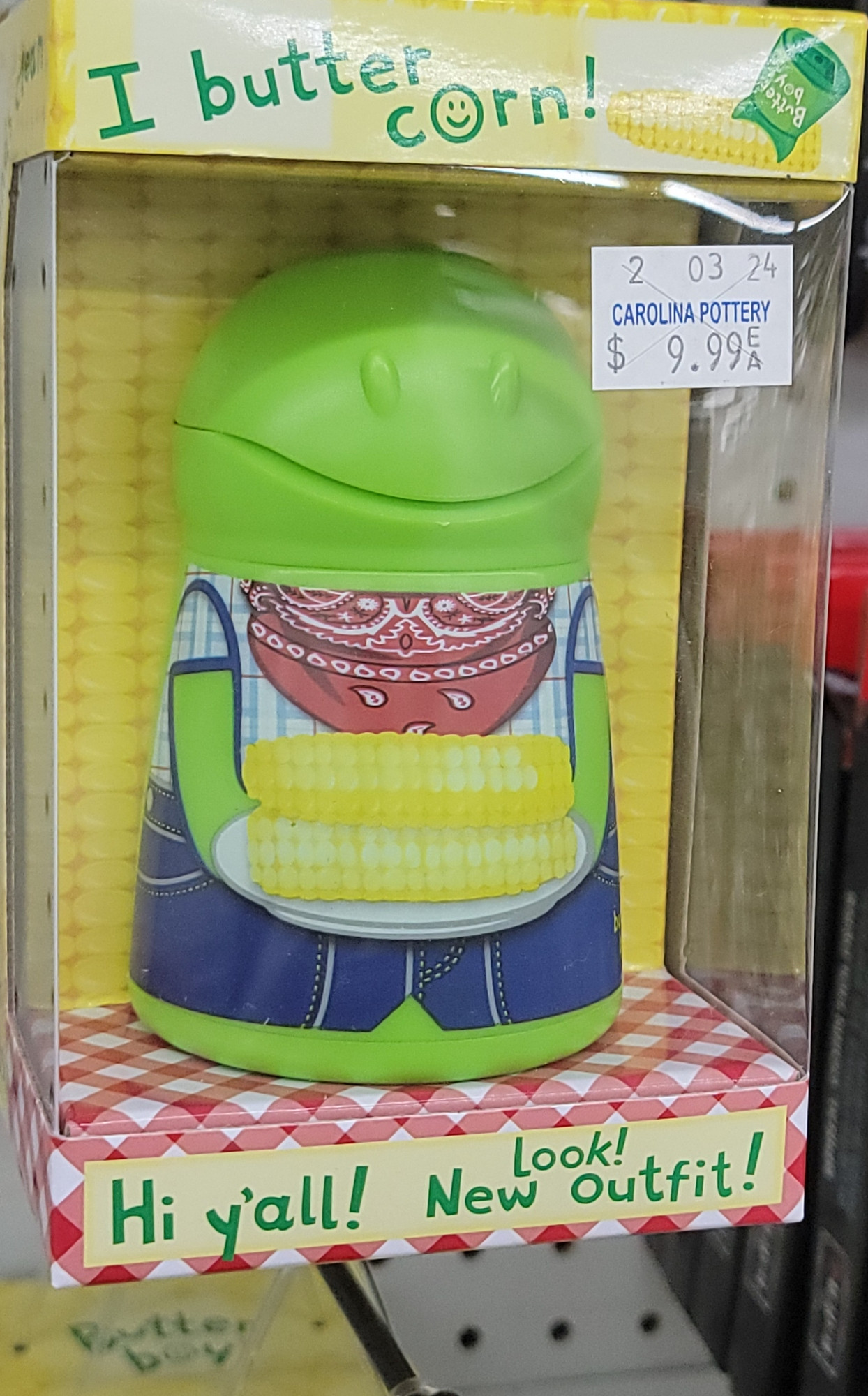 A single use kitchen gadget: butter boy. He's haro green and kind of has haro face. And he only butters corn