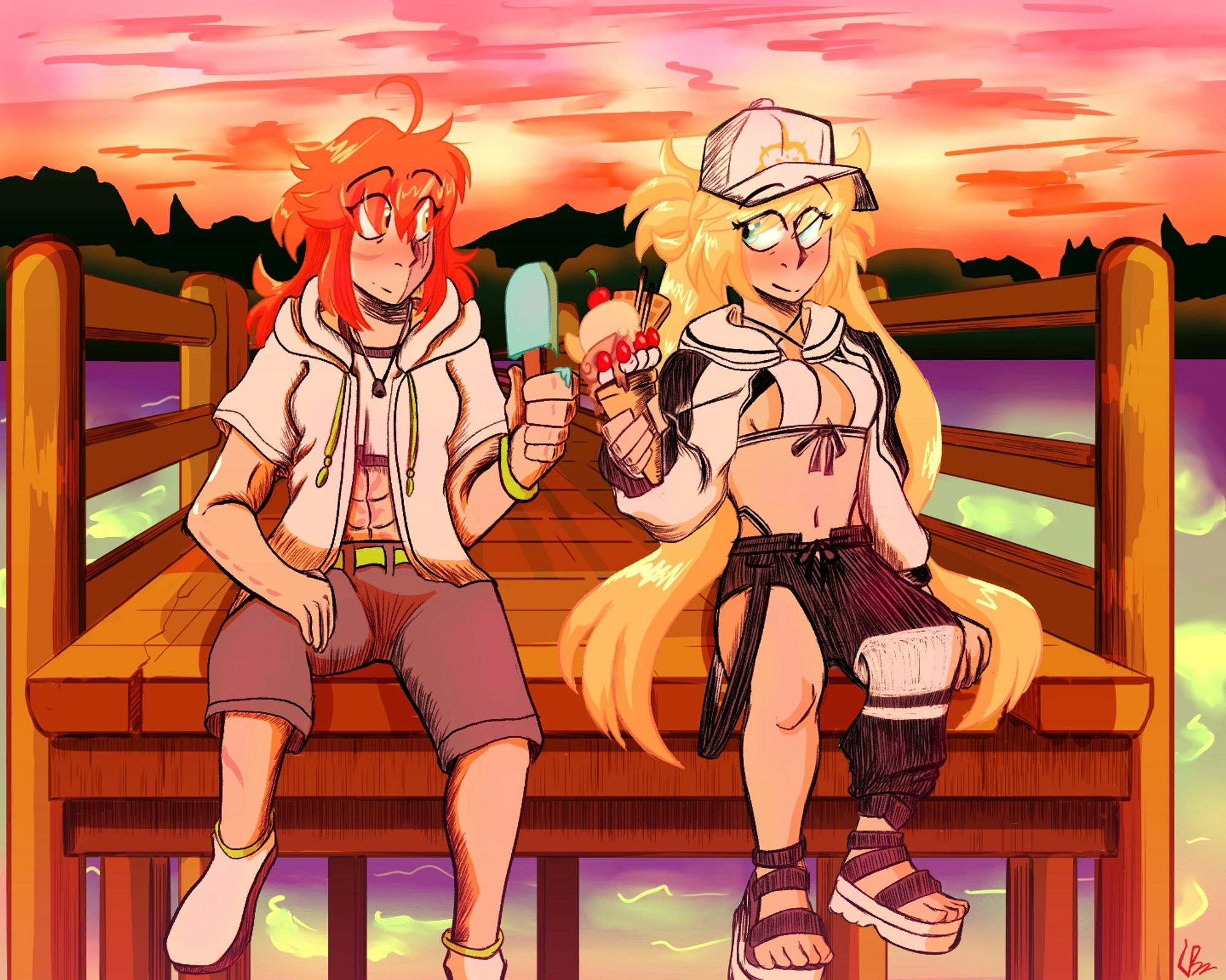 Gudako and Castoria (Berserker) sitting on the edge on a dock at sunset. Gudako is holding a sea salt ice cream and Cas is holding a chocolate chip sundae supreme (Sonic Unleashed reference).