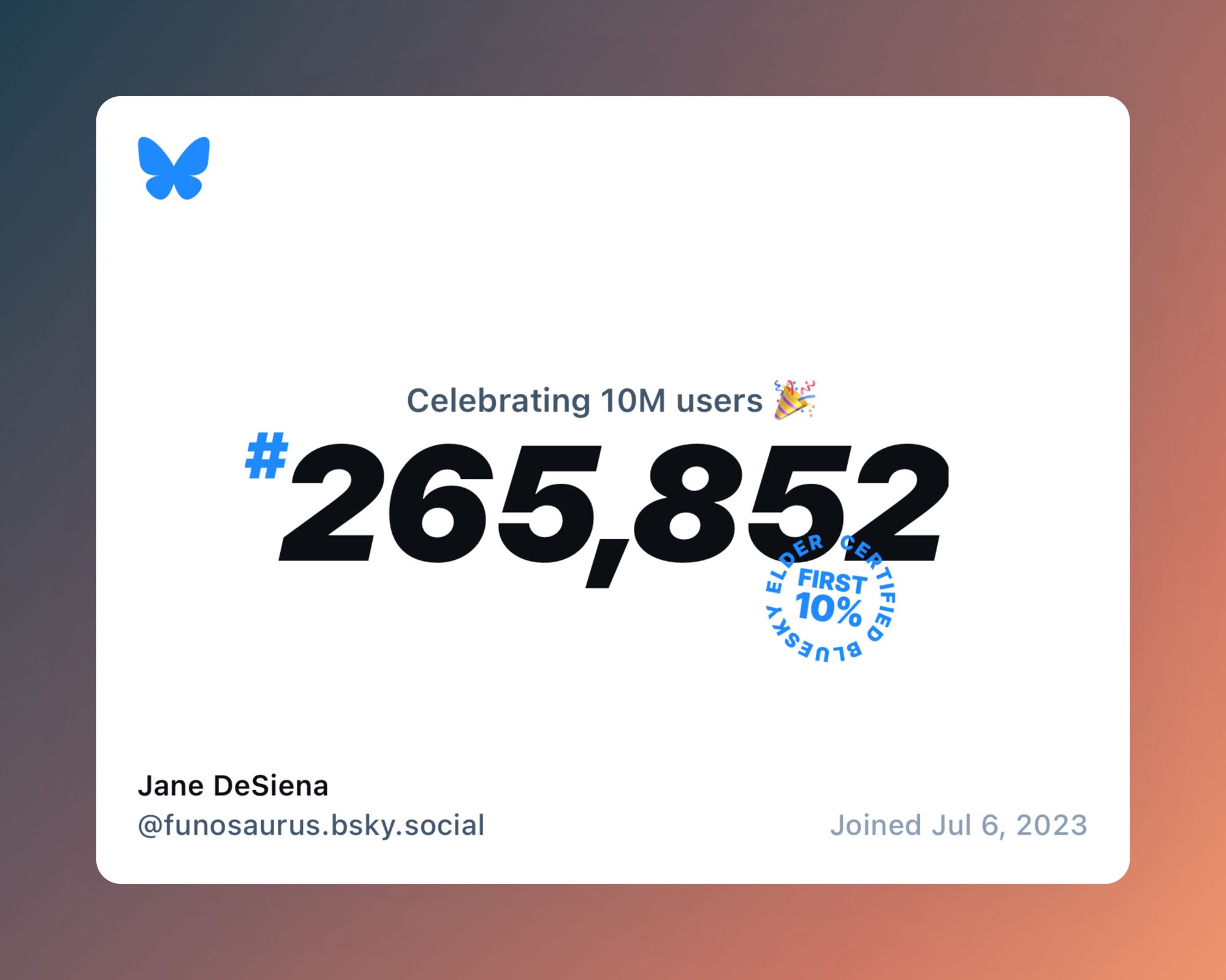 Bluesky now has over 10 million users, and I was #265,852!