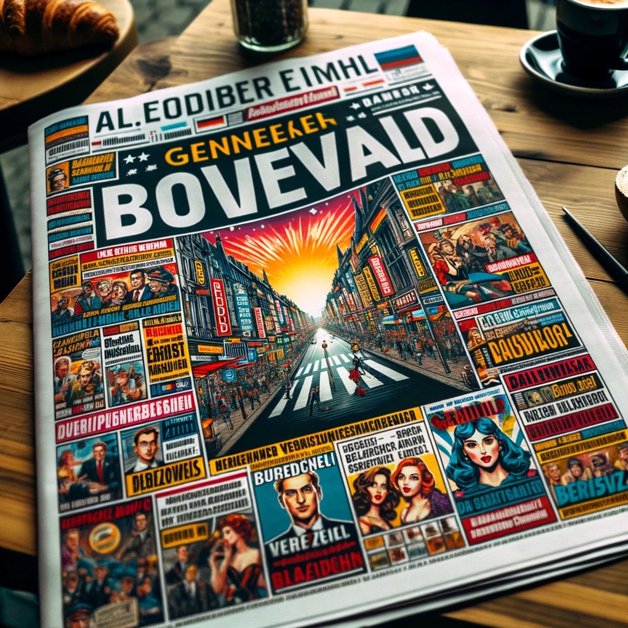 AI image of a generic tabloid newspaper, with the name »Bovevald« generated by ChatGPT when asked for an image of Springer's BILD