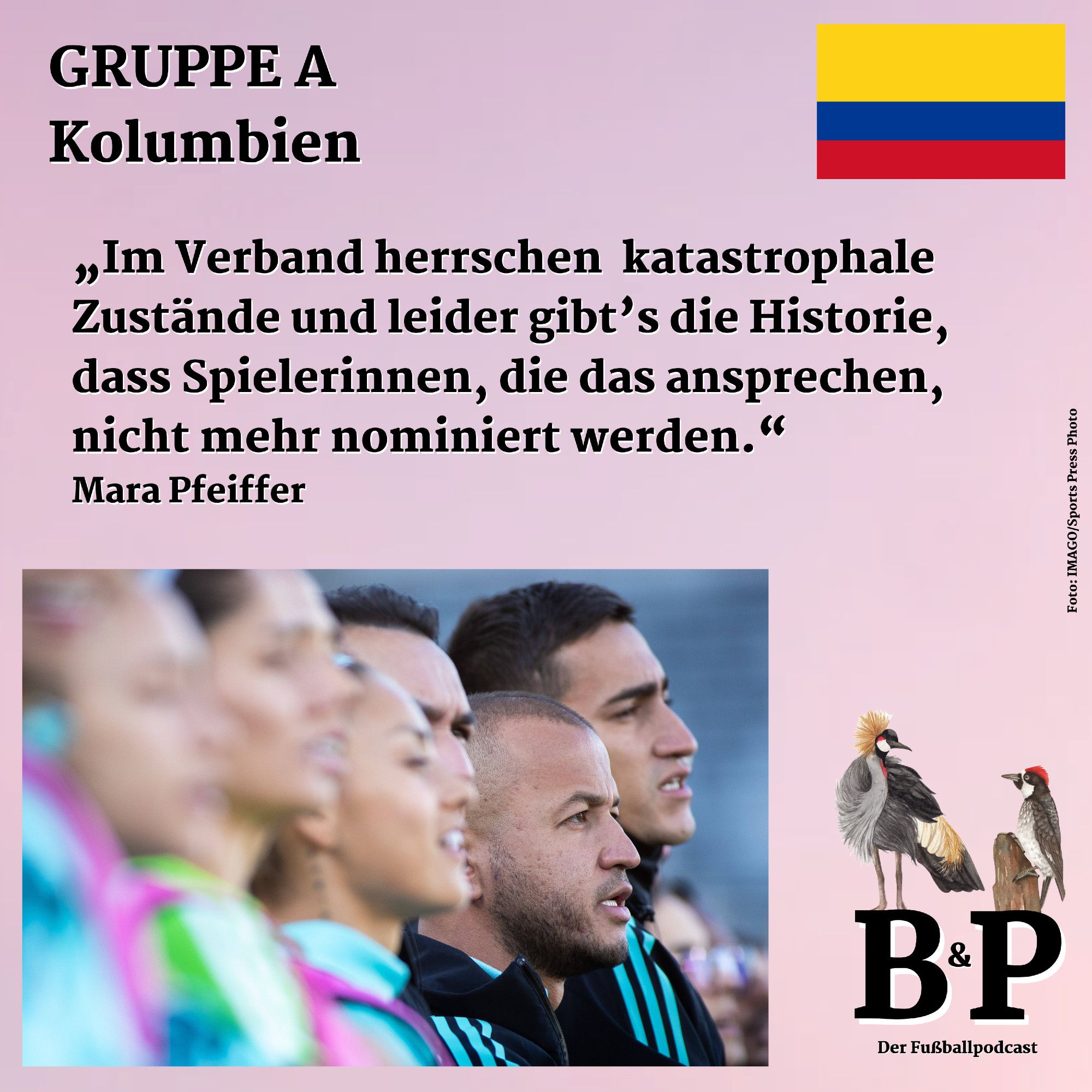 "Becker & Pfeiffer"-Social-Media-Kachel, unten rechts das "B&P"-Logo, darauf der Kronenkranich und der Kackspecht. Oben links: "Gruppe A, Kolumbien", oben rechts die kolumbische Flagge. In der Mitte der Text: „‚Im Verband herrschen katastrophale Zustände und leider gibt’s die Historie, dass Spielerinnen, die das ansprechen, nicht mehr nominiert werden.’ Mara Pfeiffer“ Darunter ein Foto, auf dem verschwommen im Vordergrund Spielerinnen, am Ende der Reihe der Trainer stehen, alle singen die Nationalhymne. Fotocredit: IMAGO/SportsPressPhoto