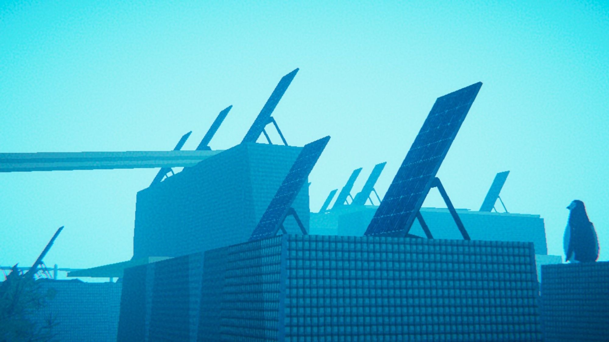 blue tinted photo of an array of solar panels in Umurangi Generation