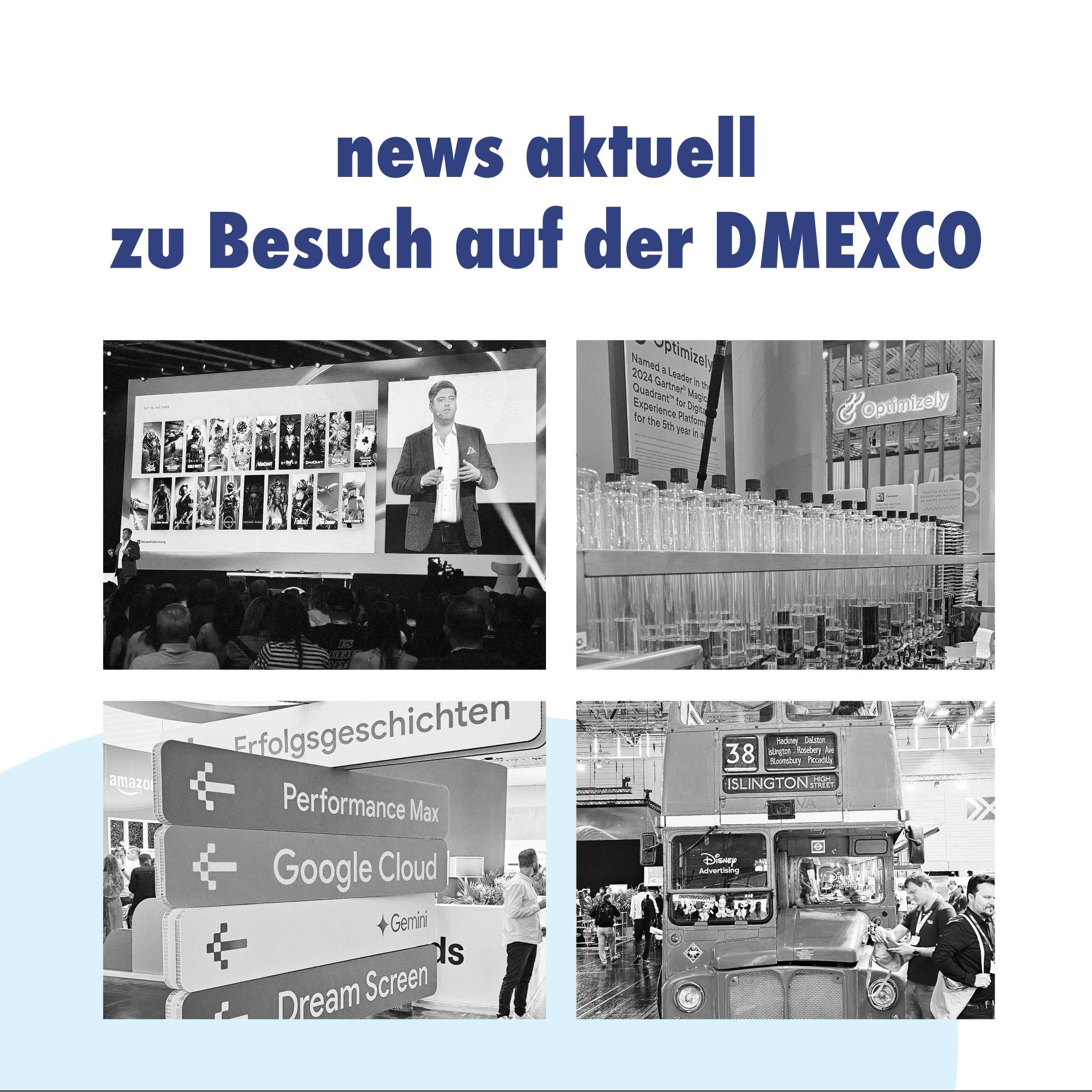 news aktuell zu Besuch auf der DMEXCO. Mit vier Bildern: Vortrag von Activision Blizzard Media VP of Global Revenue Greg Carroll, Parfümerstellung durch AI, Wegweiser, Routemaster Bus