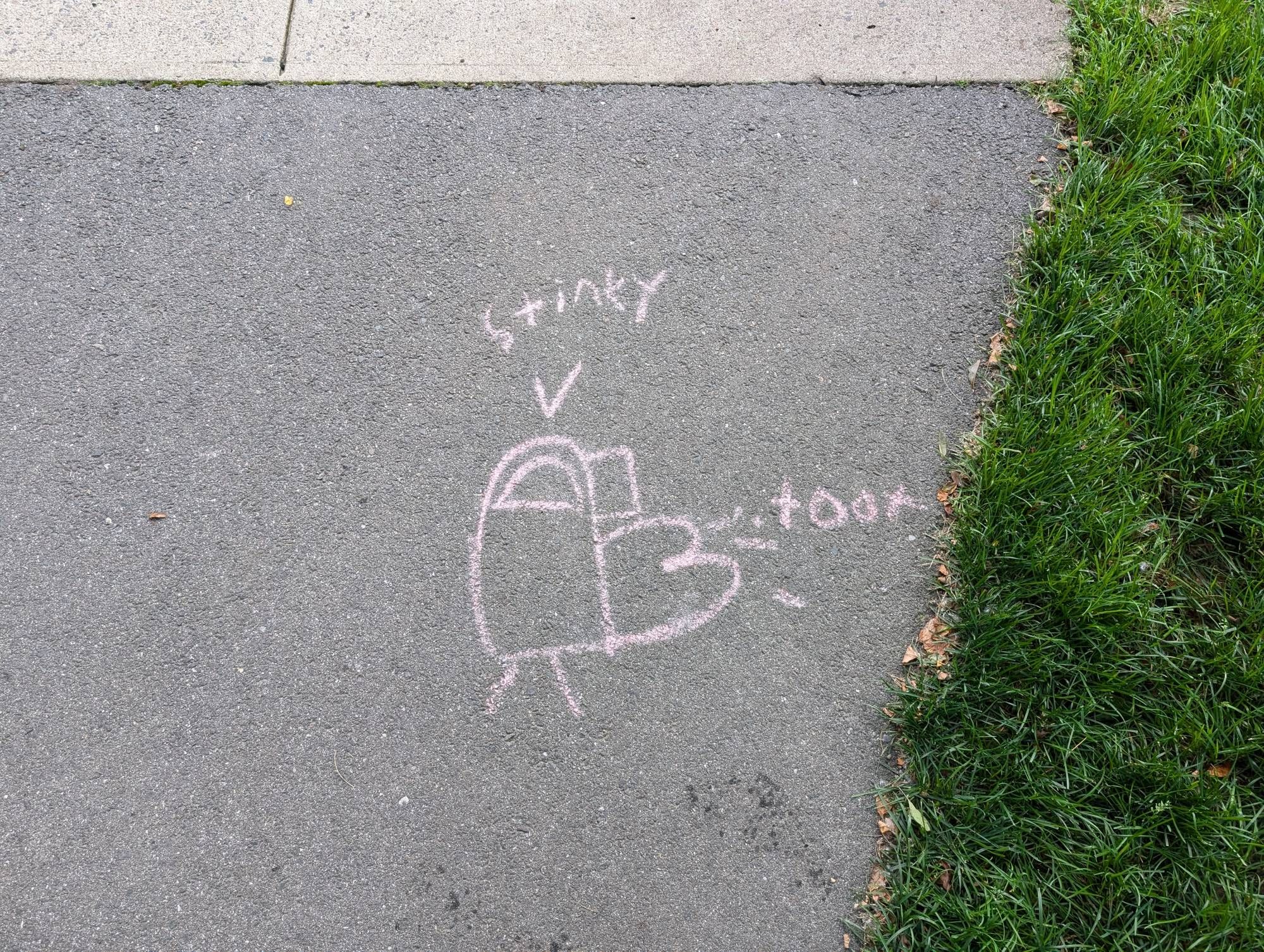 A kid's chalk drawing of an Among Us character that is stinky and farting.