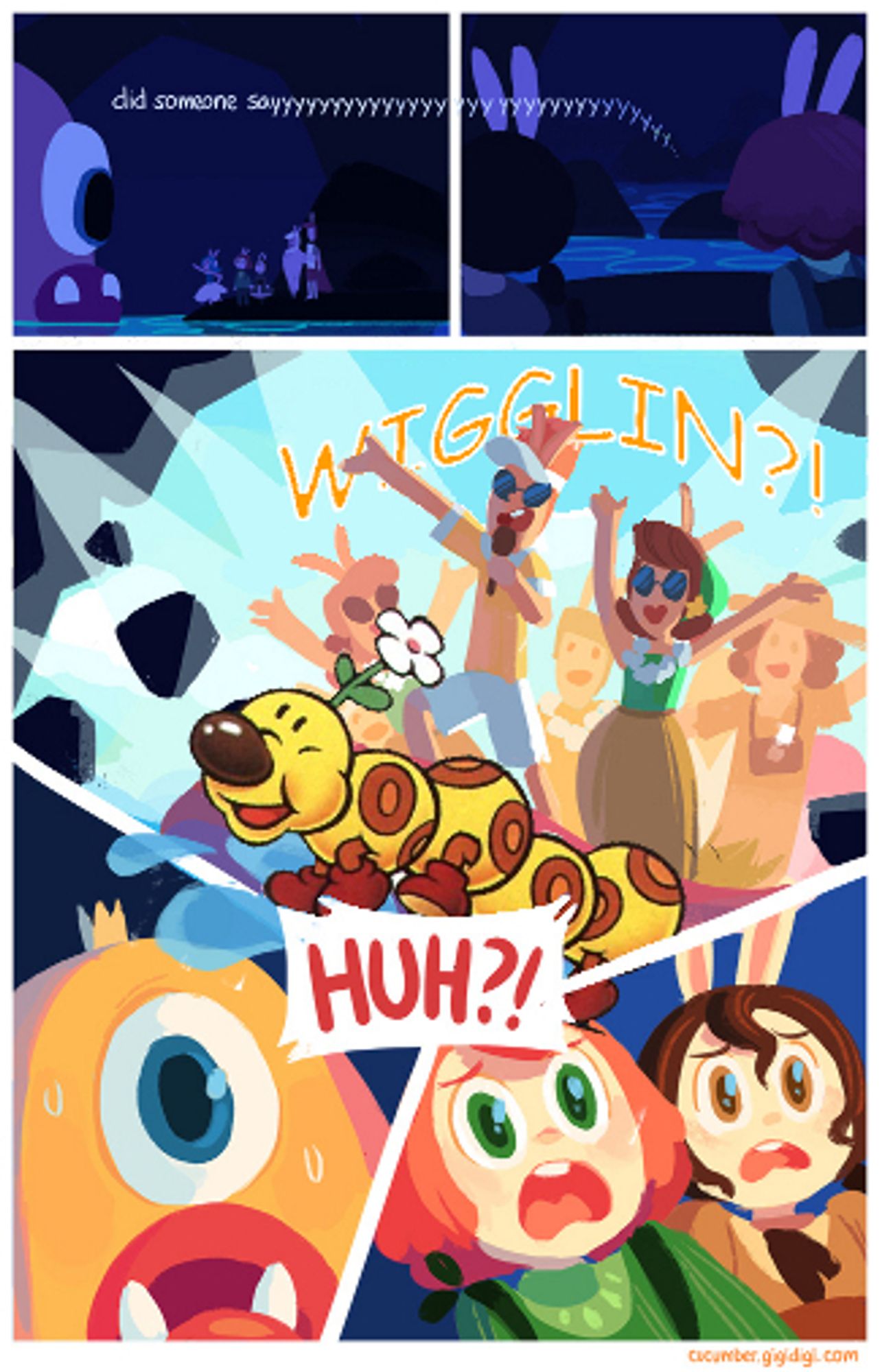 An edit of a Cucumber Quest comic where a wiggler busts through a wall.