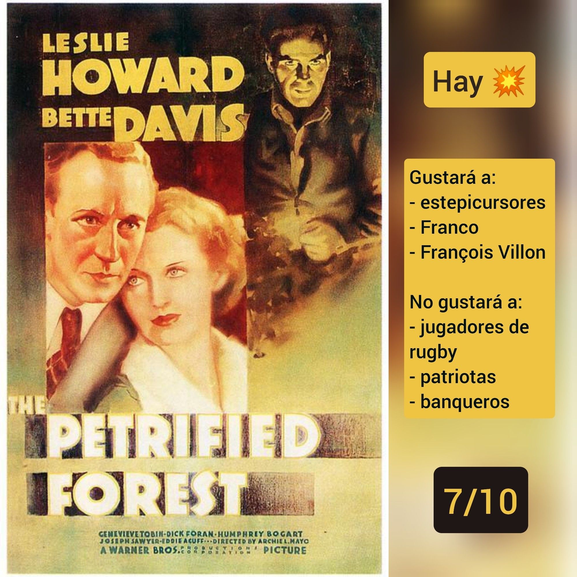 Carátula de «El bosque petrificado» (US 1936), de WB

Hay tiros

♥️Gustará a: estepicursores, Franco, François Villon
💔No gustará a: jugadores de rugby, patriotas, banqueros

🎵7/10 (Buena)