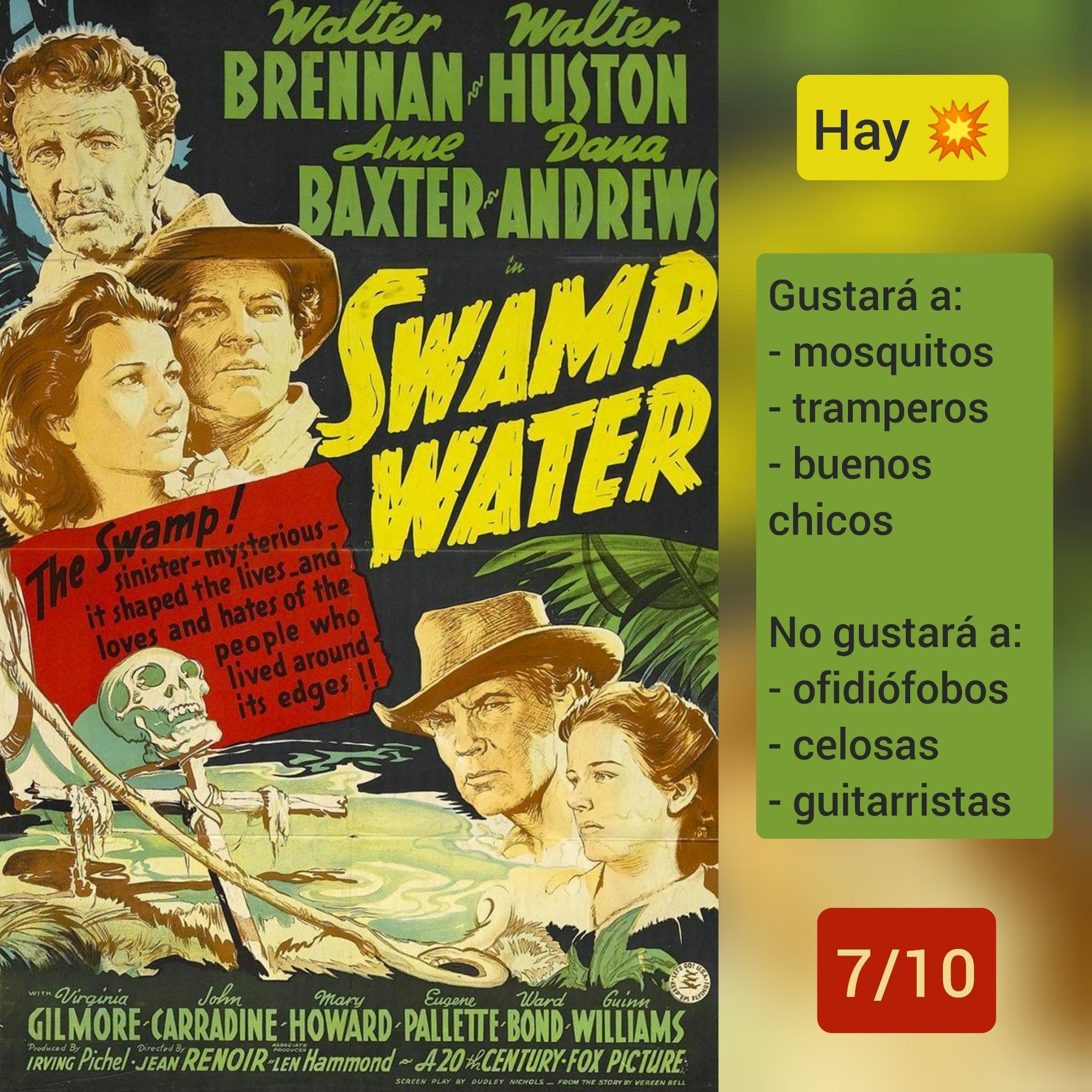 🍿Carátula de «Aguas pantanosas» (US 1941) de Jean Renoir con Dana Andrews  y Anne Baxter

✅Hay tiros

♥️Gustará a: mosquitos, tramperos, buenos chicos
💔No gustará a: ofidiófobos, celosas, guitarristas

🎵7/10 (Buena)