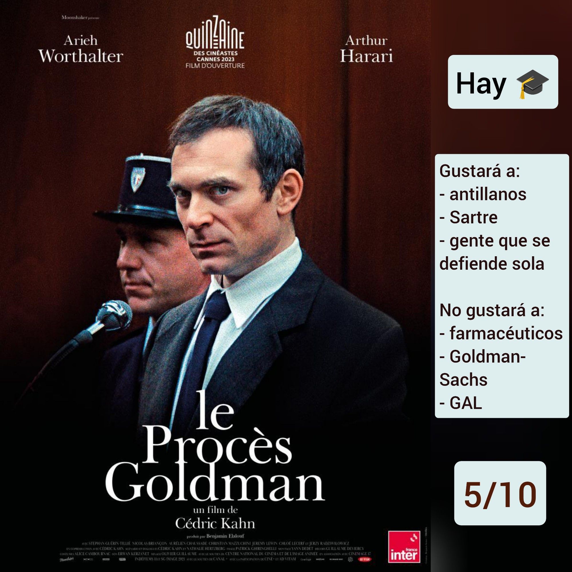 🍿Carátula de «El caso Goldman» (Francia 2023) de Cédric Kahn con Arieh Worthalter

✅Hay togas

♥️Gustará a: antillanos, Sartre, gente que se defiende sola
💔No gustará a: farmacéuticos, Goldman-Sachs, GAL

🎵5/10 (Pasable)