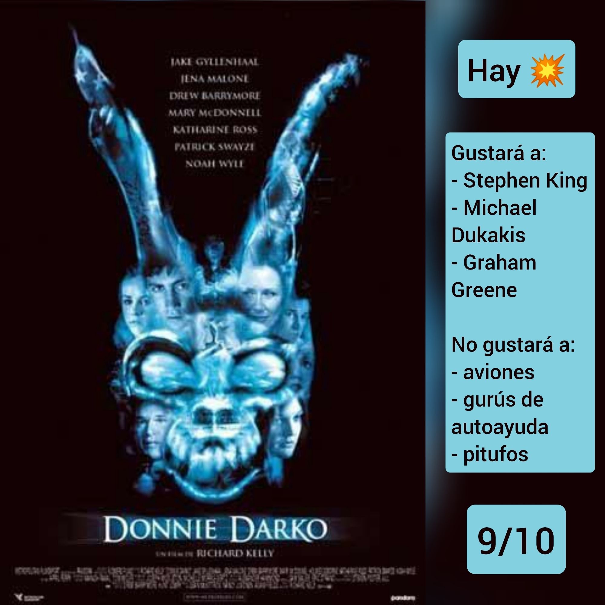 Carátula de «Donnie Darko» (US 2001) de Richard Kelly con los hermanos Gyllenhaal y el bueno de Patricio Swayze.

✅Hay tiros

♥️Gustará a: Stephen King, Michael Dukakis, Graham Greene
💔No gustará a: aviones, gurús de autoayuda, pitufos

🎵9/10 (Excelente)