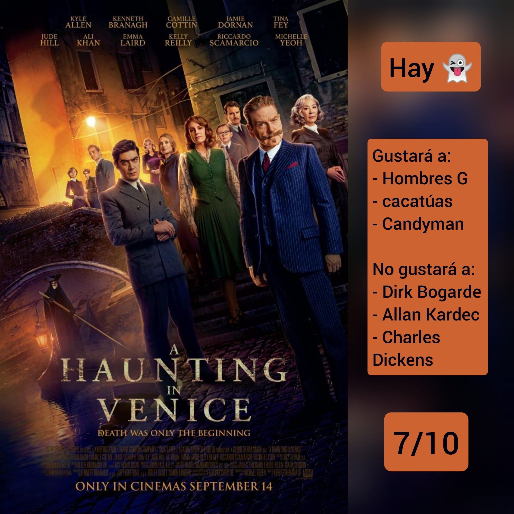 Carátula de «Misterio en Venecia» (US 2023) de Kenneth Branagh

✅Hay fantasmas

♥️Gustará a: Hombres G, cacatúas, Candyman
💔No gustará a: Dirk Bogarde, Allan Kardec, Charles Dickens

🎵7/10 (Buena)