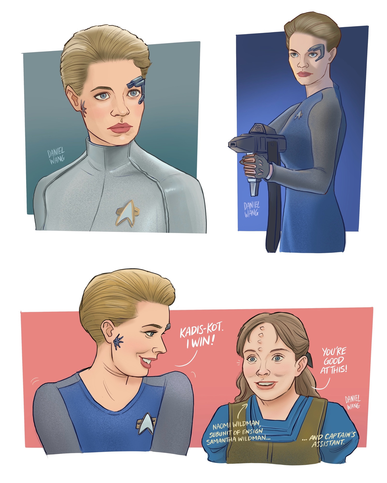 Fan art of Jeri Ryan as ‘Seven of Nine’ and Scarlett Pomers as ‘Naomi Wildman’ from Star Trek Voyager.