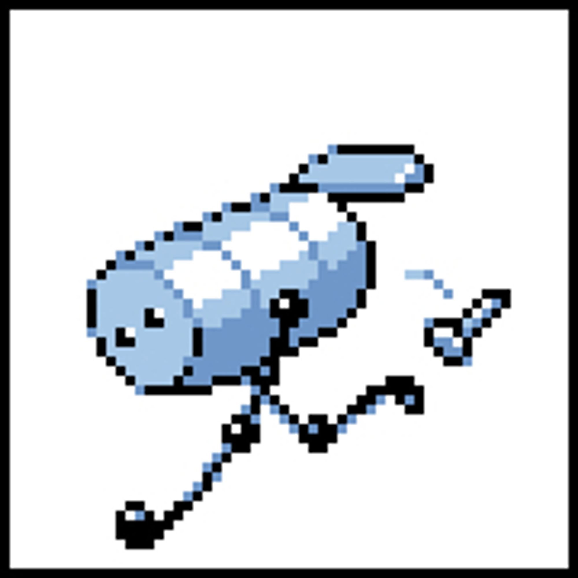 A little tin can with beady eyes and ball-and-joint legs, dropping a screw or nail from its backside, depicted in a GameBoy sprite style.