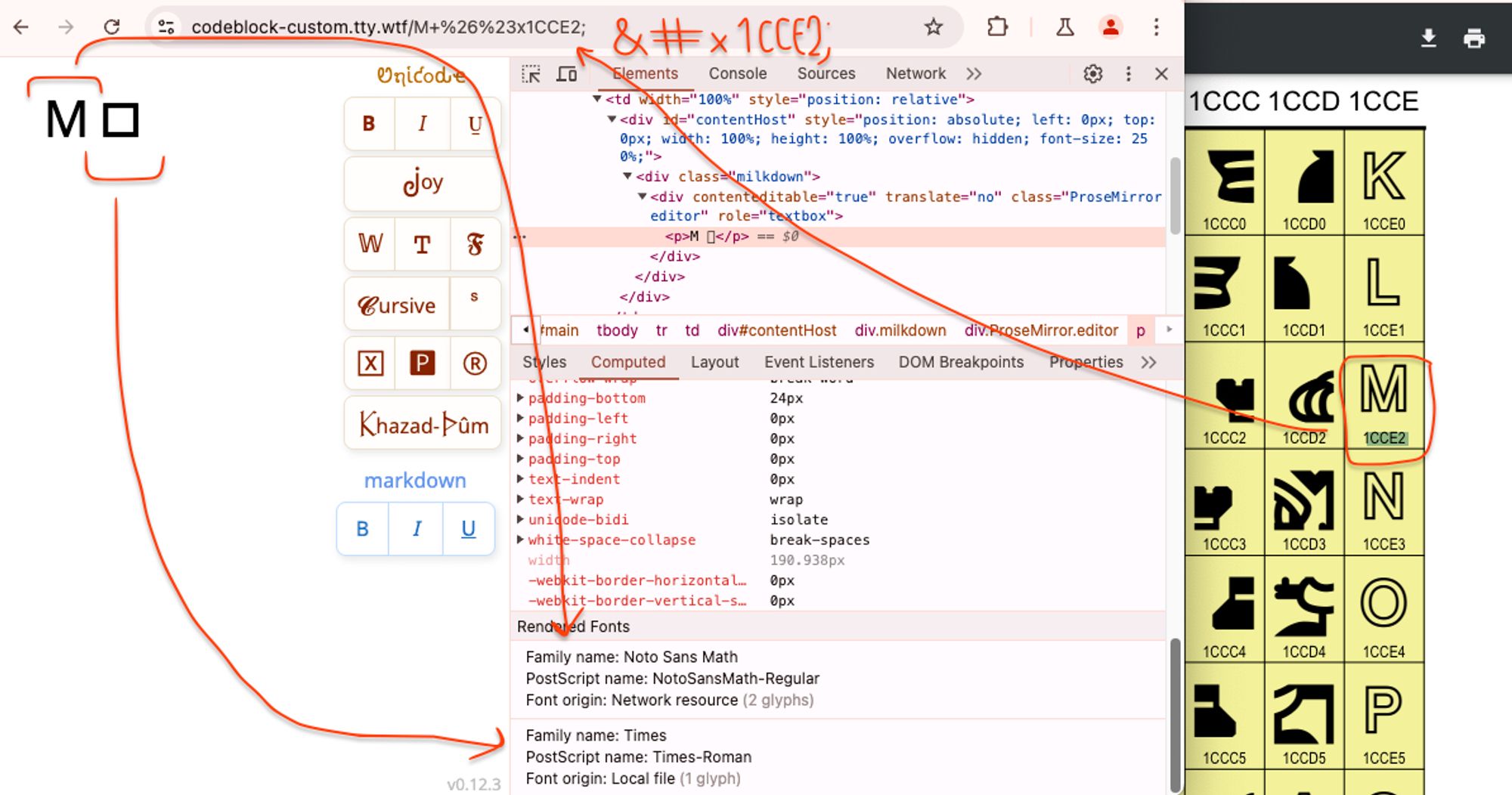 TTY.wtf with an uppercase Latin letter M, a space and a new OUTLINED LATIN CAPITAL LETTER M (0x1cce2 codepoint).

Browser uses Noto family to render the traditional M, but falls back through the stack to the basic Times rendering the new outlined M.

The Unicode PDF document with that outlined character highlighted in the background window.

Lines pointing to DevTools with interesting information about fonts and fallbacks.