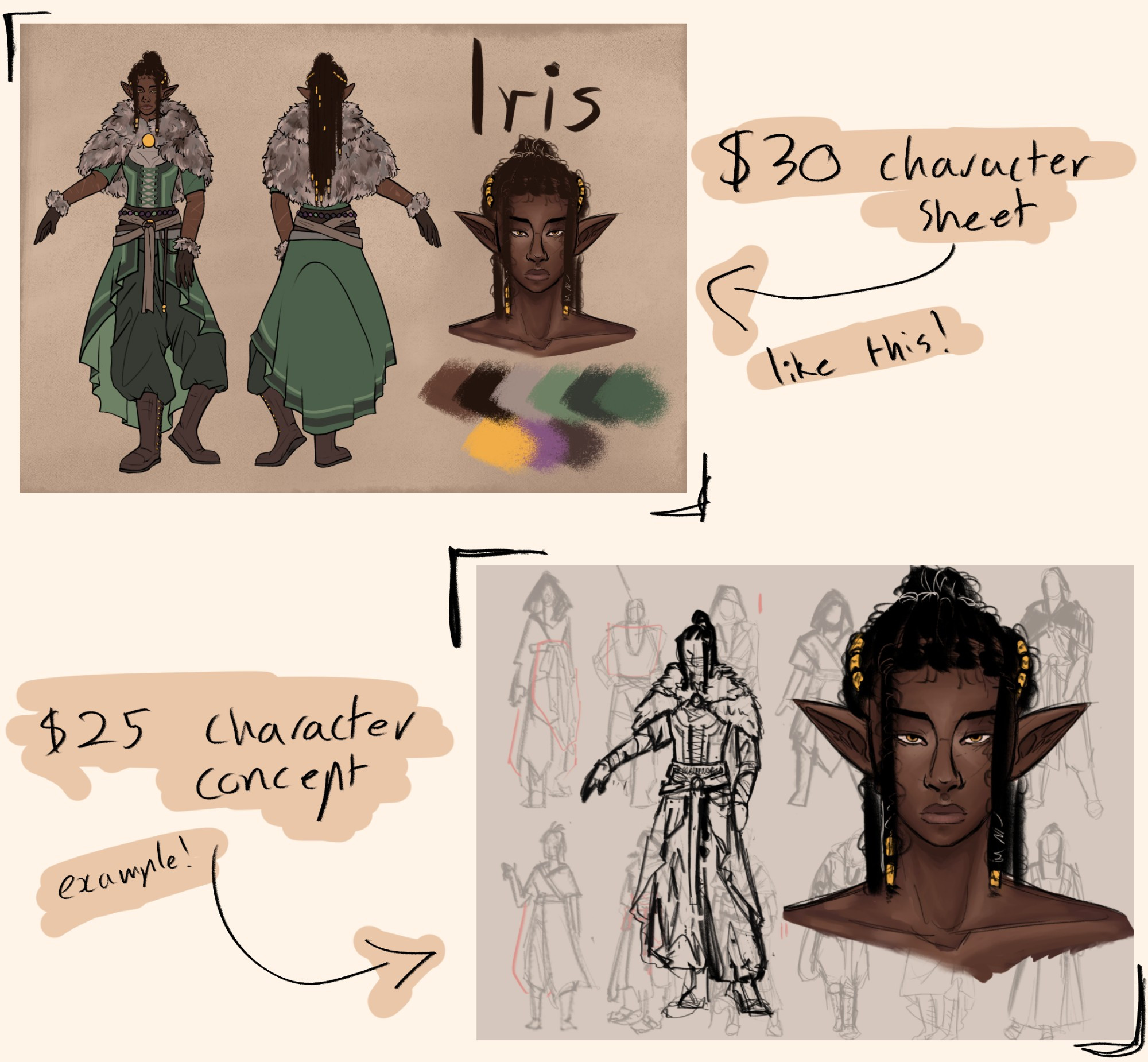 Price page for commissions. $30 character sheet. $25 character concept.