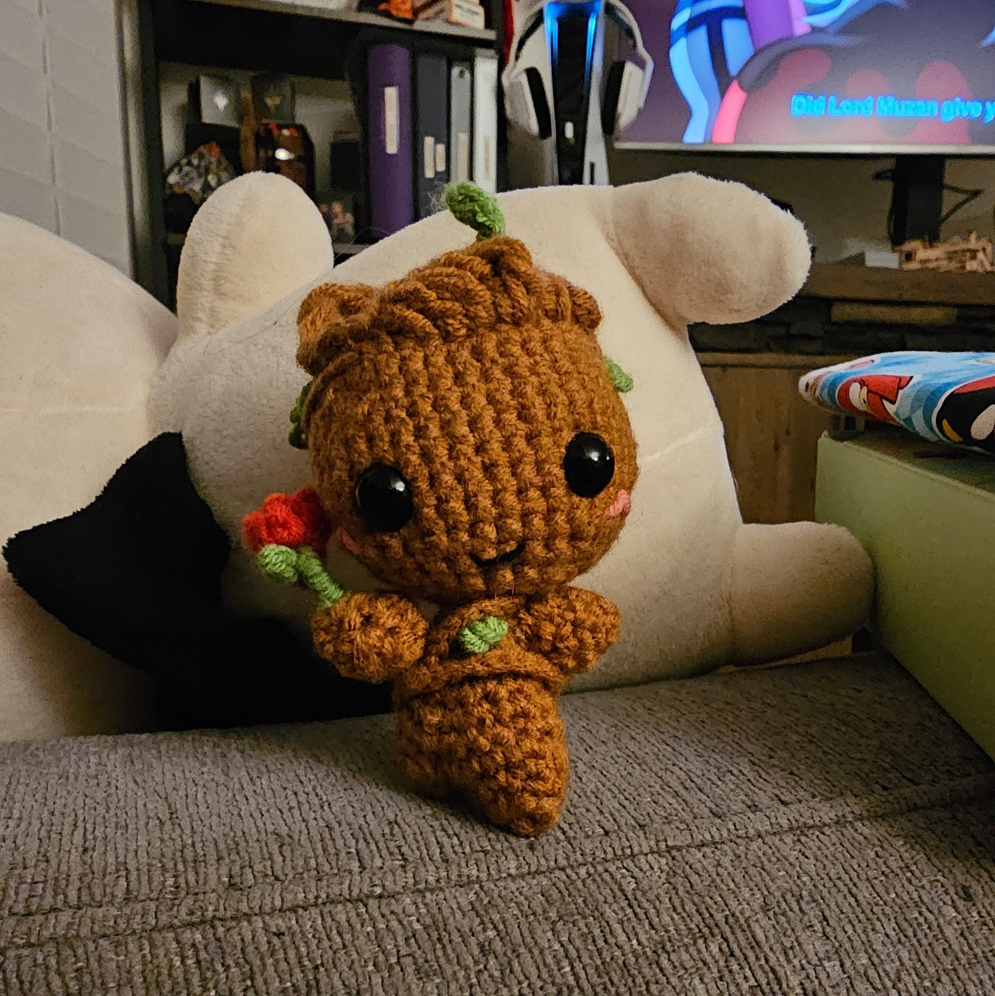 A crochet Groot plush