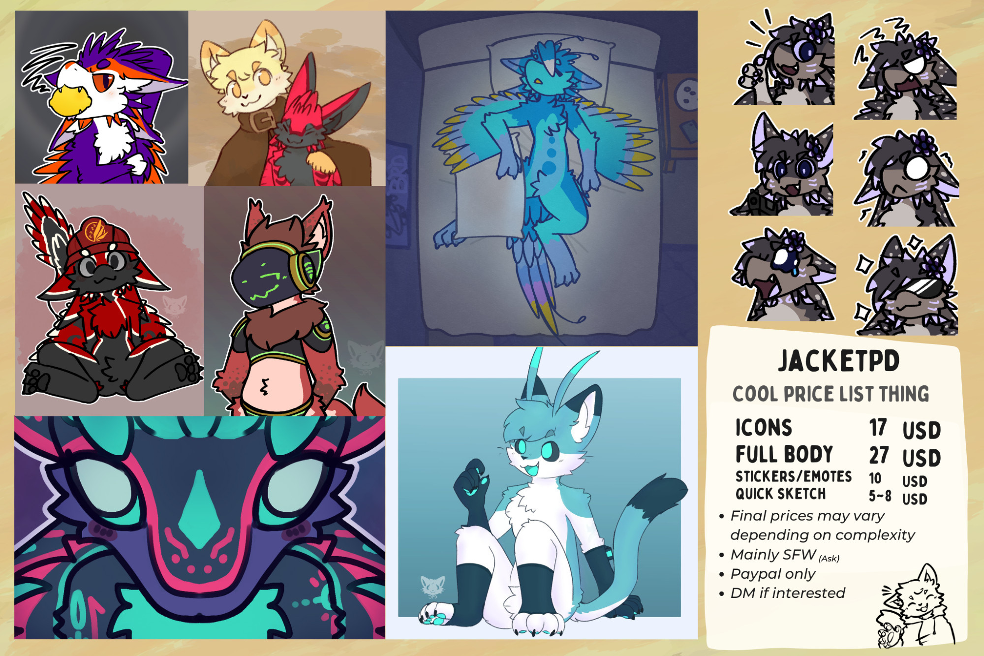 JacketPD's super cool art prices~

Icons  17USD
Full body  27USD
Stickers/Emotes 10USD
Quick sketch  5-8USD

>Final prices may vary depending on complexity
>Mainly SFW (ask)
>Paypal only (for now...)
>DM if interested