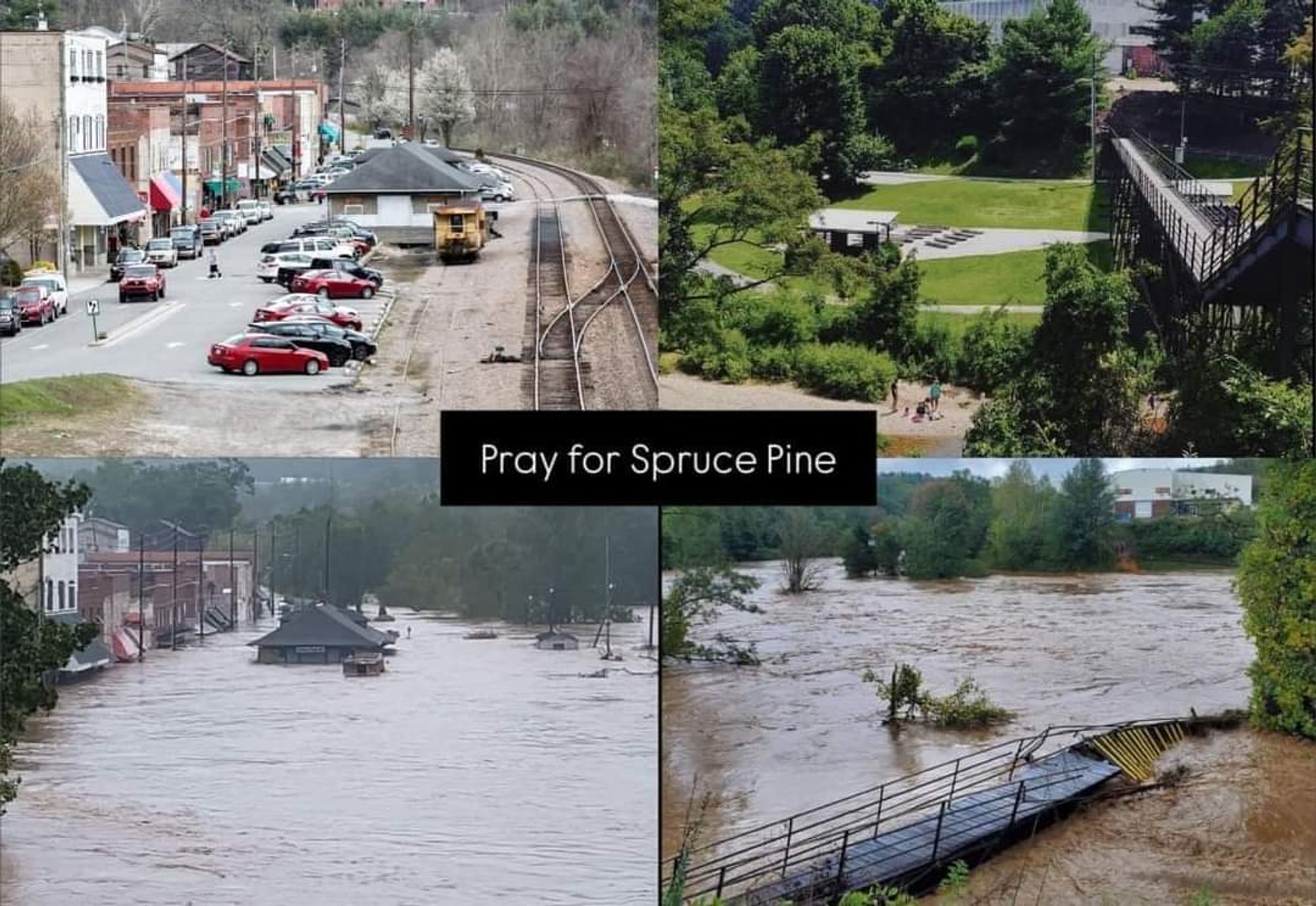 A collage showing downtown Spruce Pine, NC before and during the recent disaster. A bridge high over the water has been destroyed and downtown is submerged 