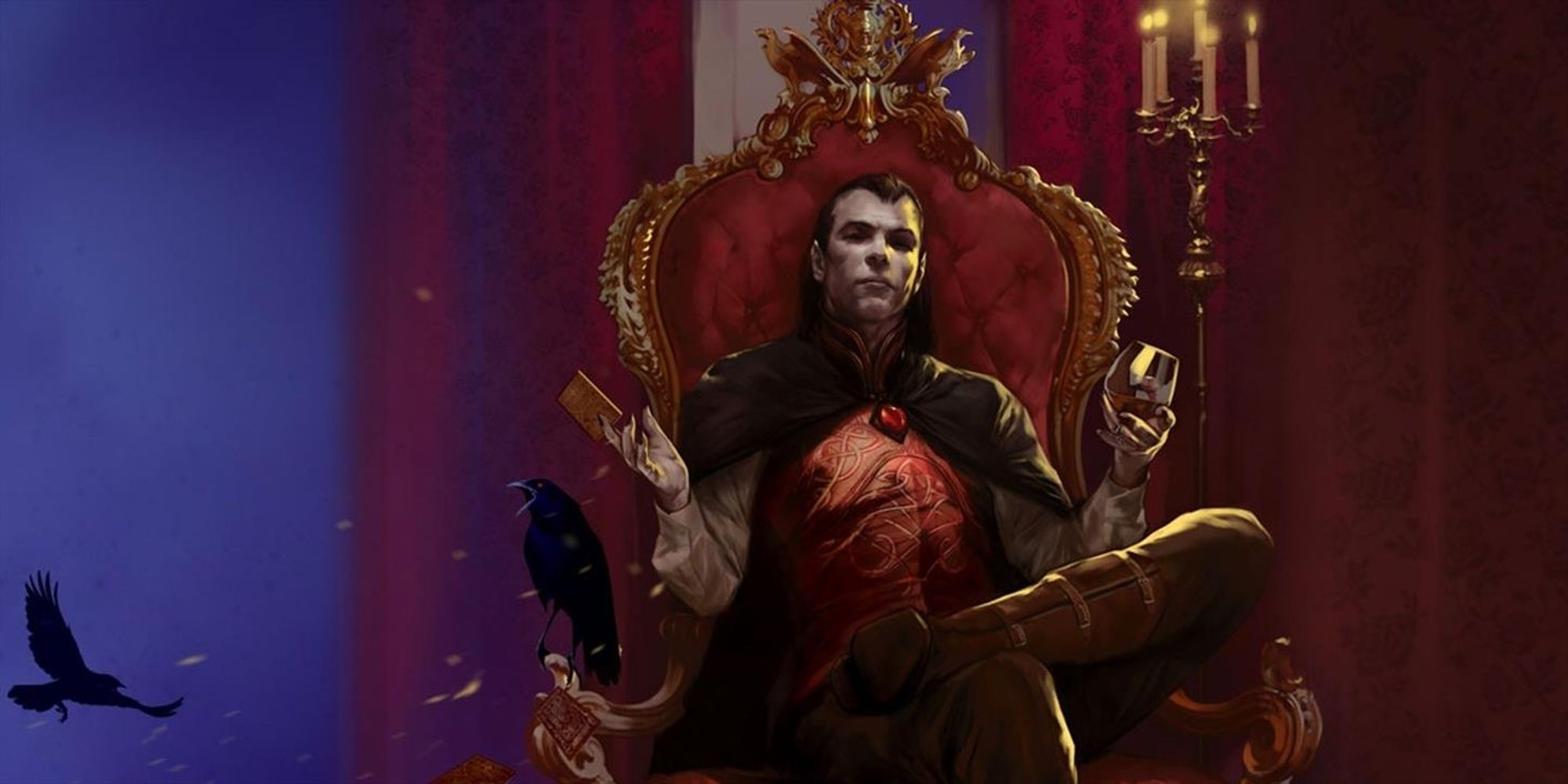 An image of the great vampire, Strahd, sitting on his throne and looking all sexy and sassy.