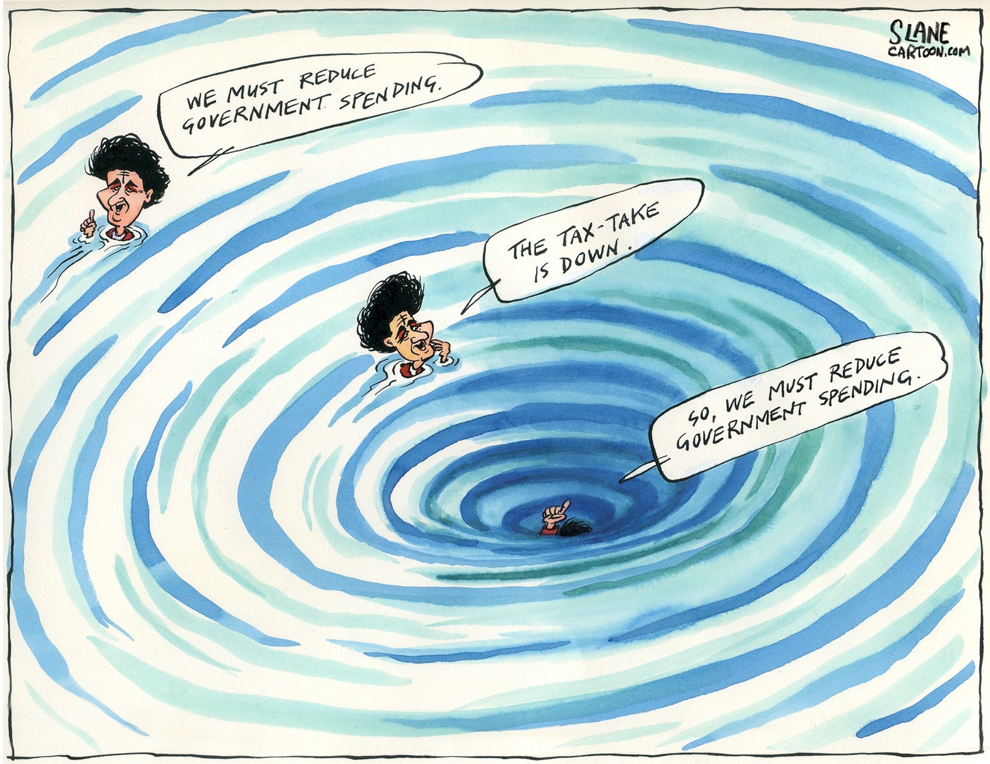 Cartoon shows Ruth Richardson, Minister of Finance for National government from 1990 to 1993, in three stages of being sucked down into a blue whirlpool "We must reduce spending...The tax-take is down... So, we must reduce spending"