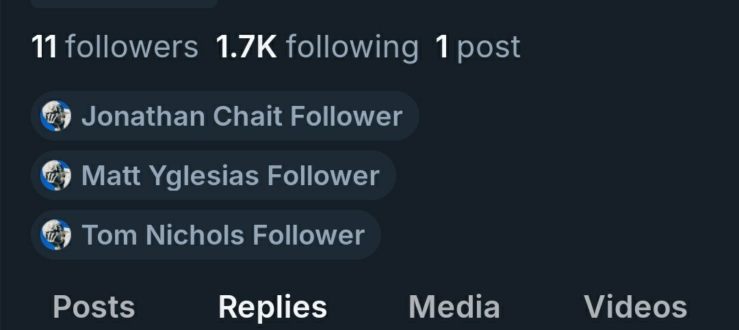 Screenshot of a portion of a bio that shows 
11 followers 1.7k following 1 post
With the labels
Jonathan Chair follower
Matt Yglasias follower
Tom Nichols follower