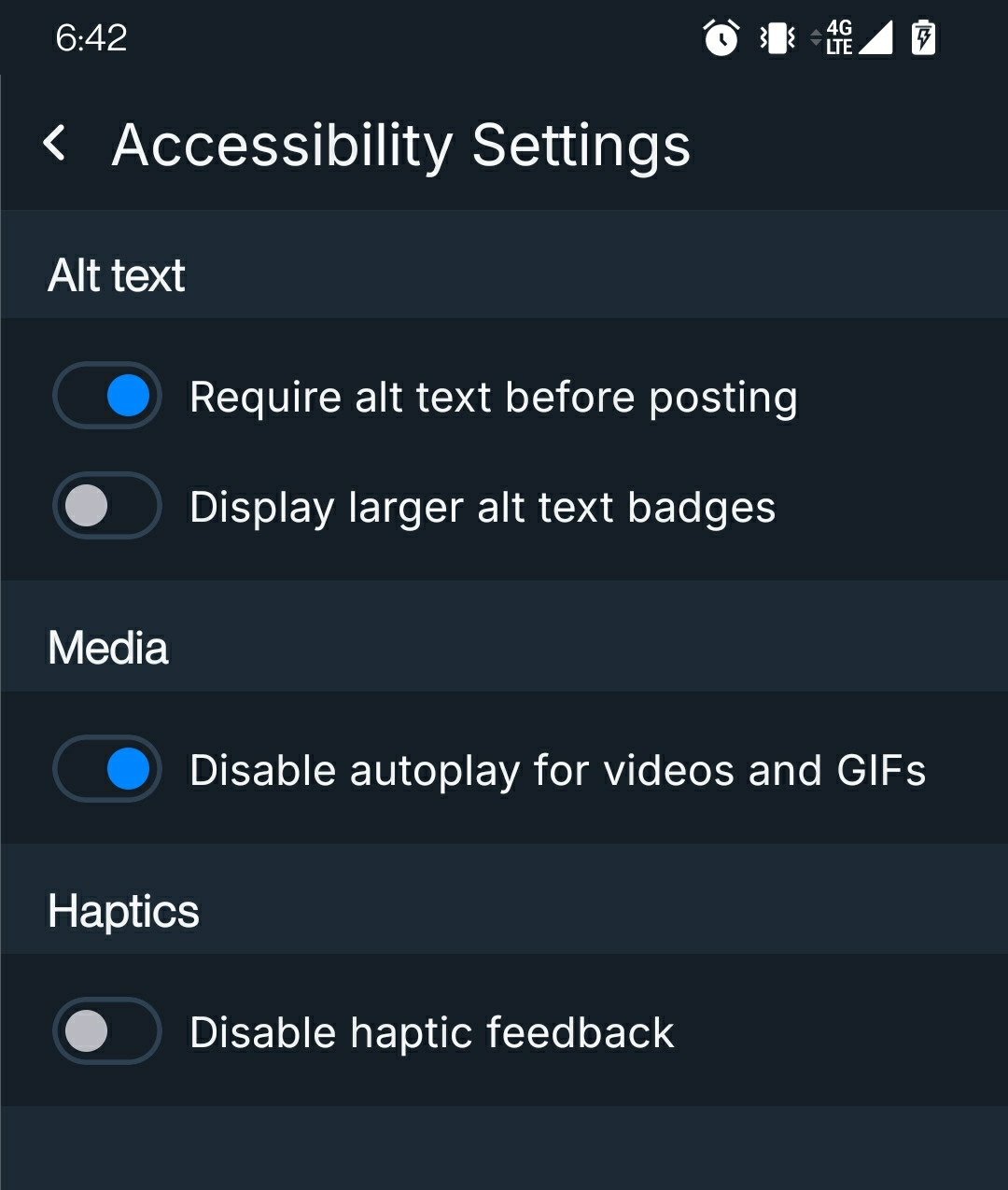 Screenshot of what the accessibility settings menu looks like in my phone app of Bluesky