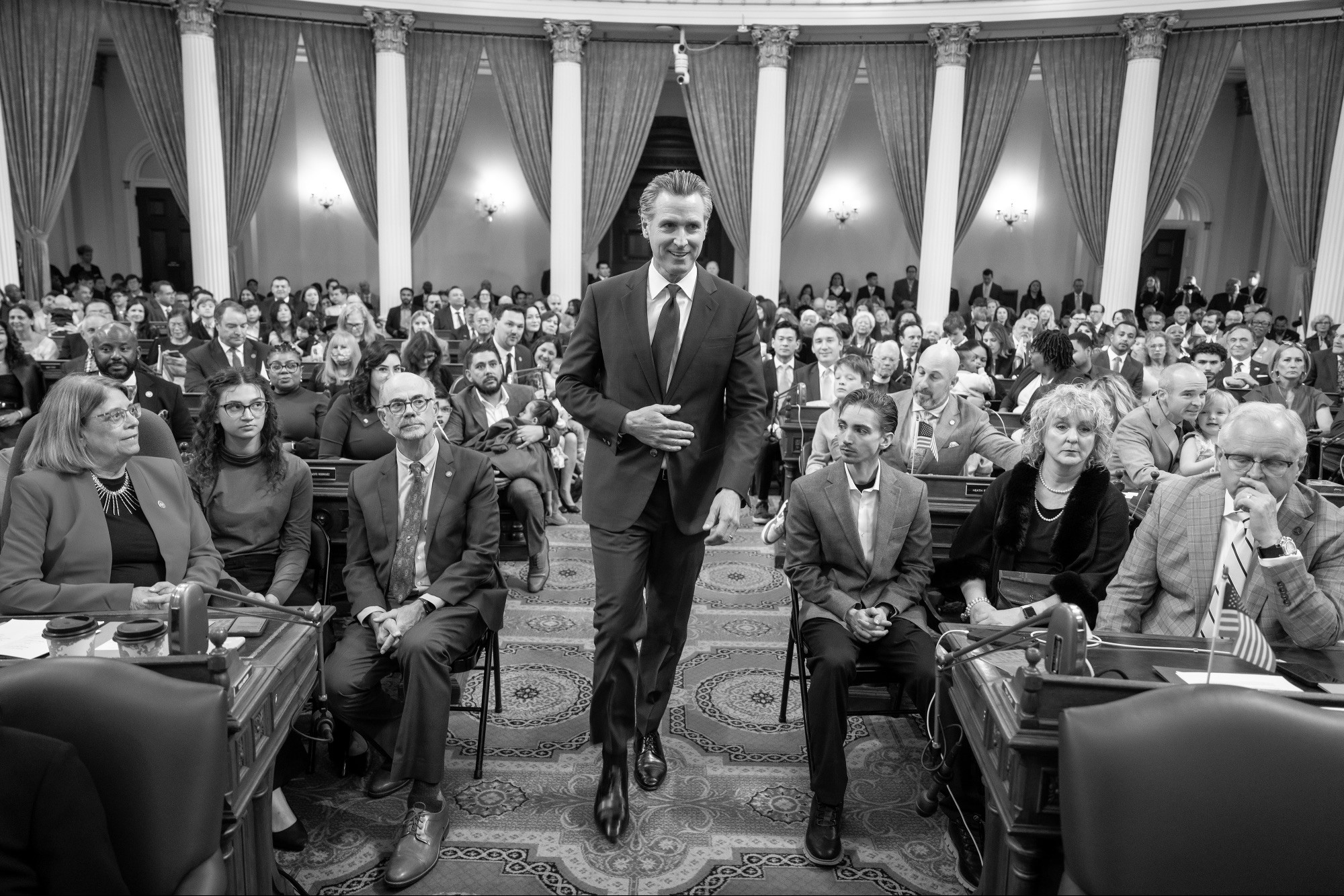 Governor Newsom walks onto the floor of the California Assembly on the first day of the post-2024 election special session.