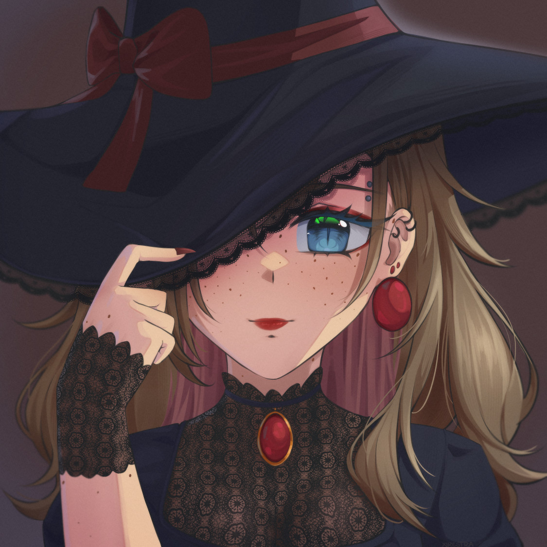 art of a brunette girl with blue eyes and red make up dressed in witch-like clothing, her hat is pulled down to cover one of her eyes